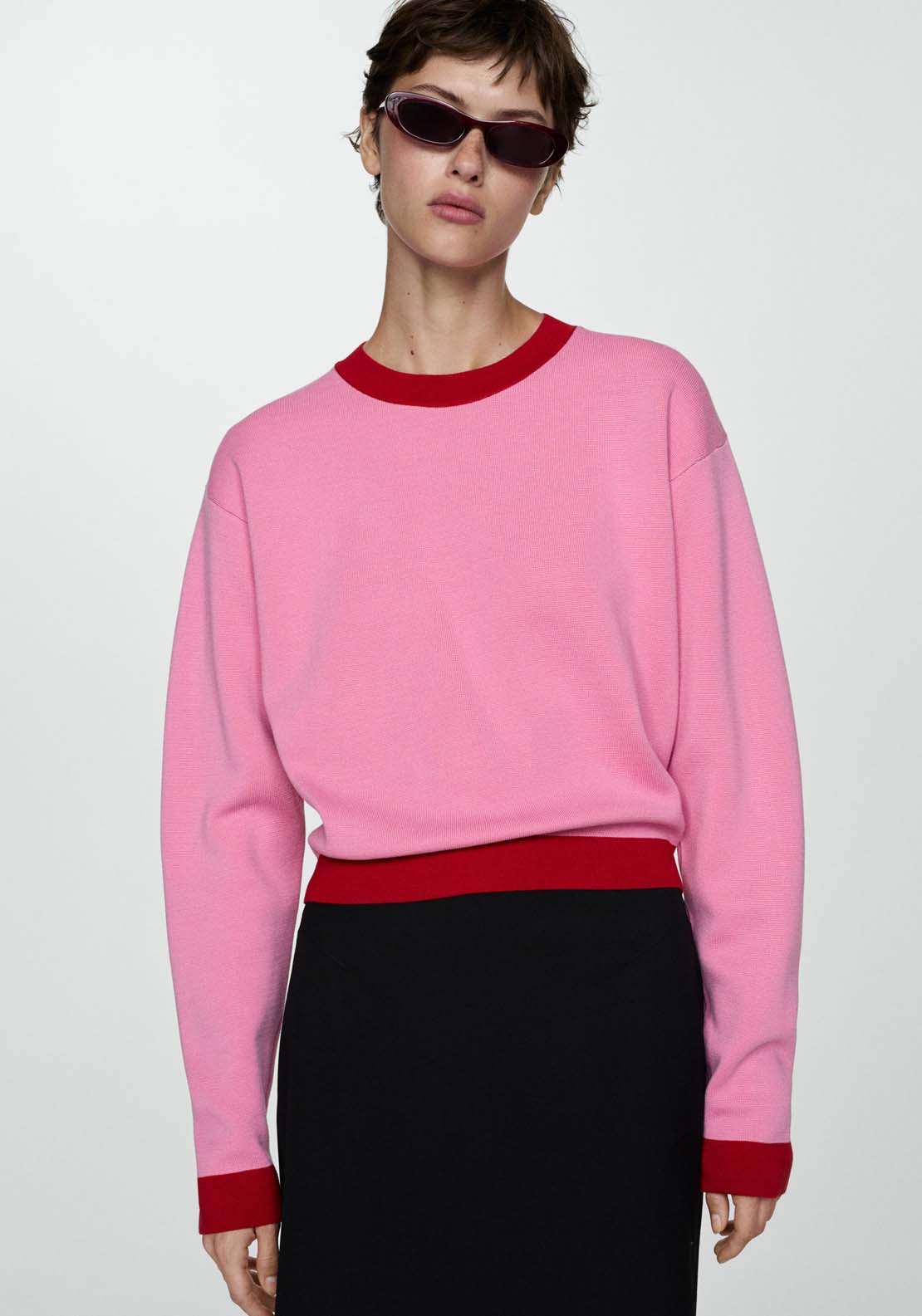 Mango Contrast trim sweater - Light/pastel Pink 1 Shaws Department Stores
