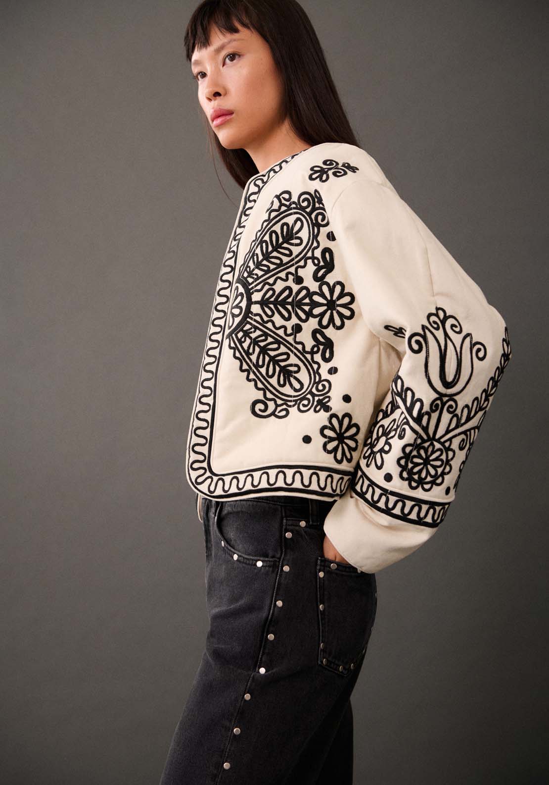 Mango 100% cotton embroidered jacket - Light Beige 2 Shaws Department Stores