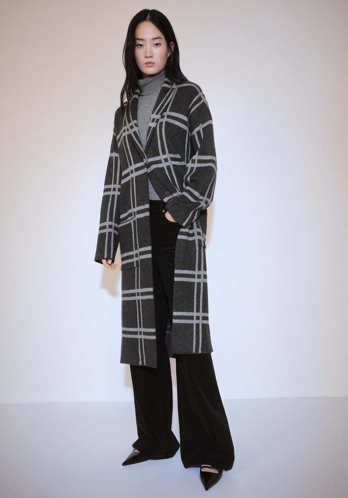 Mango Checked coat with one button - Charcoal 1 Shaws Department Stores