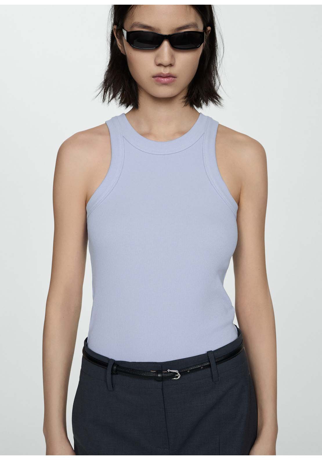 Mango Ribbed cotton-blend top - Light/pastel Blue 1 Shaws Department Stores