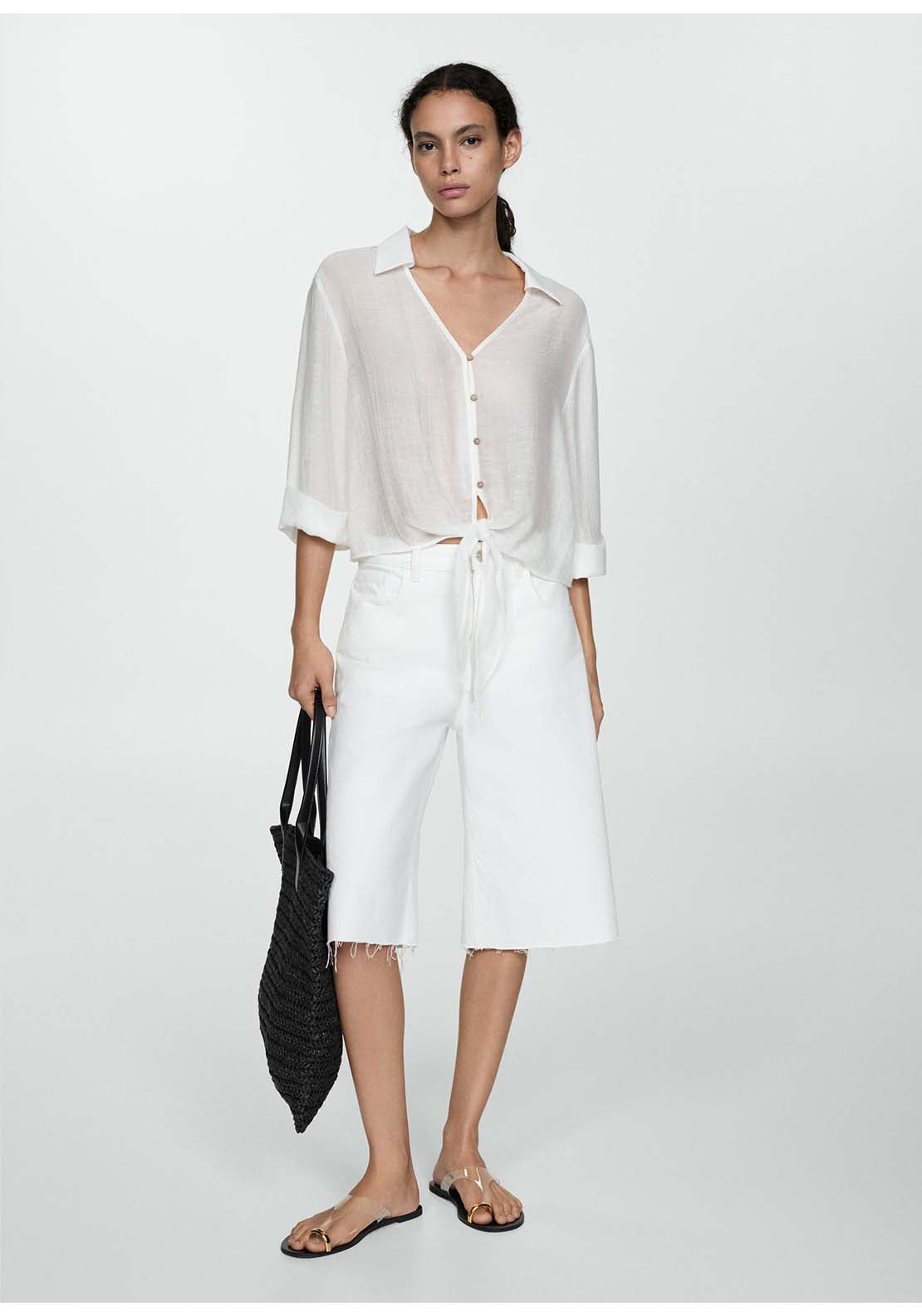Mango Flared-sleeve blouse with bow - Natural 5 Shaws Department Stores