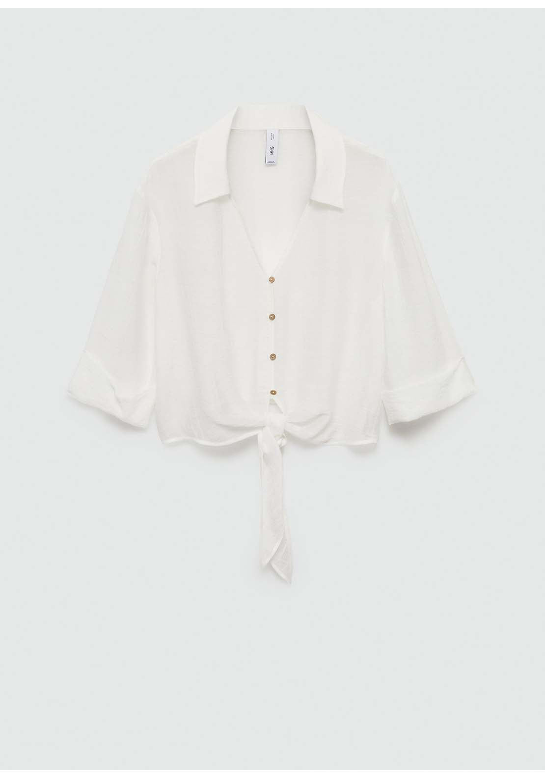 Mango Flared-sleeve blouse with bow - Natural 4 Shaws Department Stores