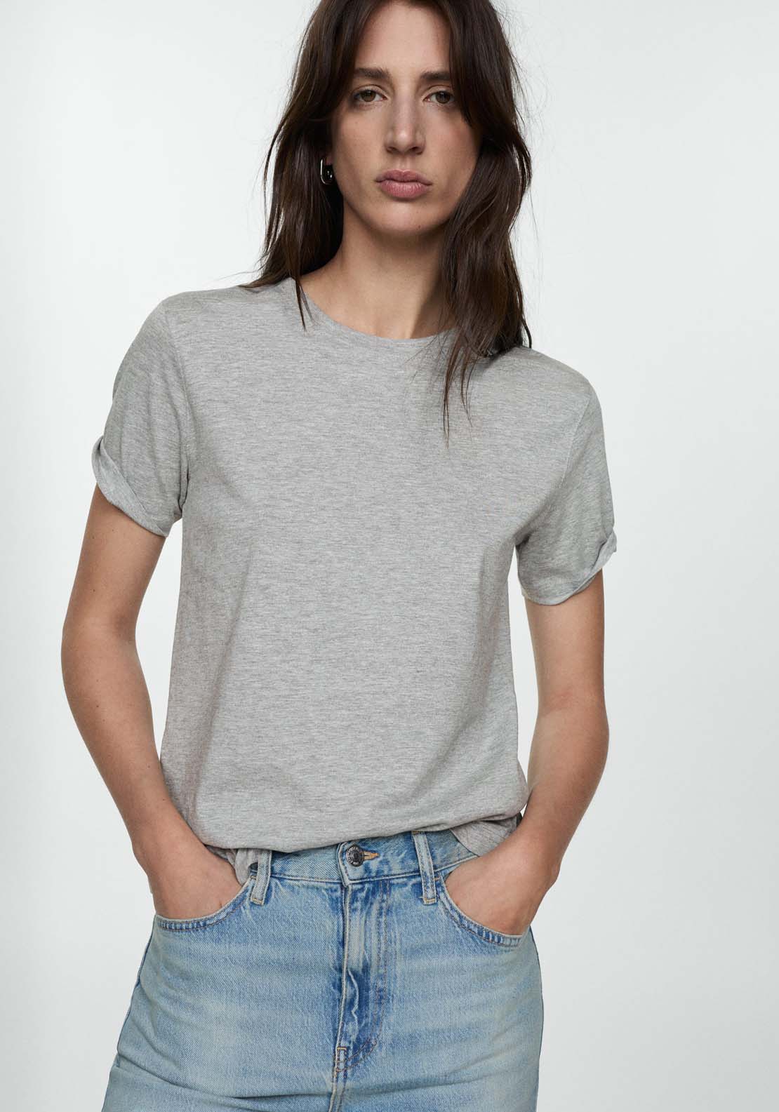 Mango Short-sleeved cotton t-shirt - Medium Gray 1 Shaws Department Stores