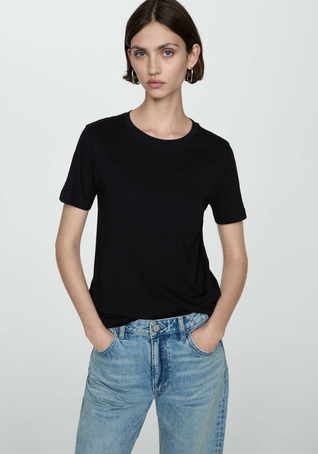 Mango Short-sleeved cotton t-shirt - Black 1 Shaws Department Stores