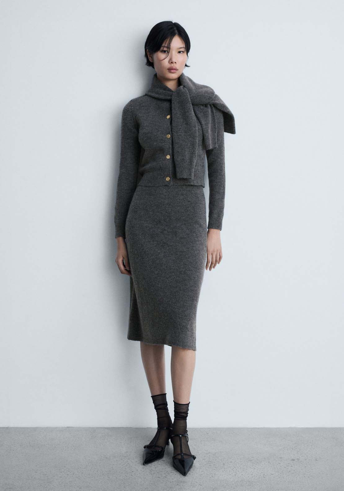 Mango Knitted cardigan with jewel button - Gray 2 Shaws Department Stores