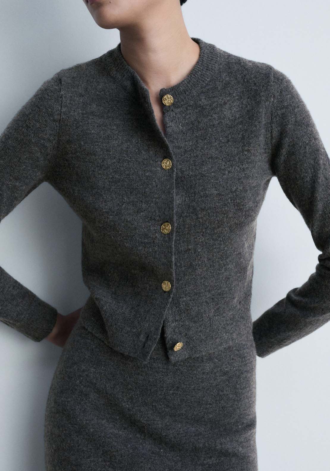 Mango Knitted cardigan with jewel button - Gray 1 Shaws Department Stores