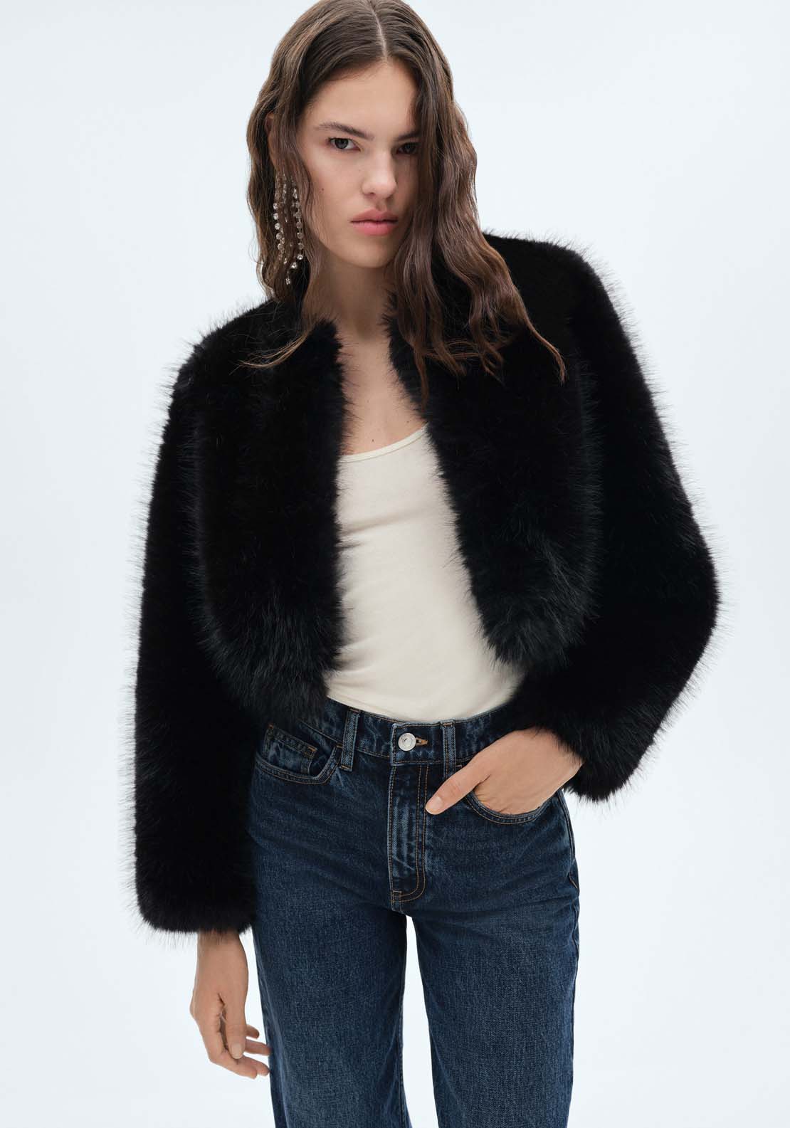 Mango Fur effect jacket - Black 1 Shaws Department Stores