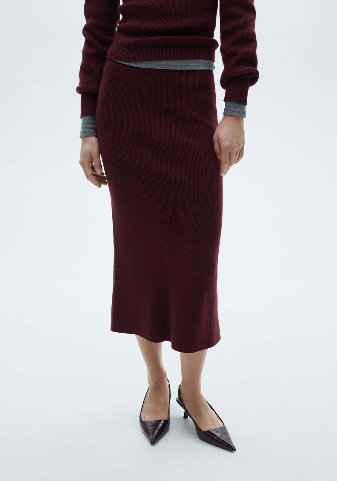 Mango Ribbed midi skirt - Dark Red 1 Shaws Department Stores