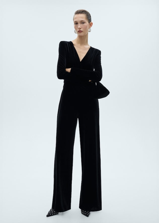 Mango Crossed velvet jumpsuit - Black 1 Shaws Department Stores