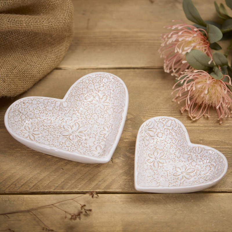 The Home Collection Large Embossed Flower Heart Dish - White Ceramic 1 Shaws Department Stores