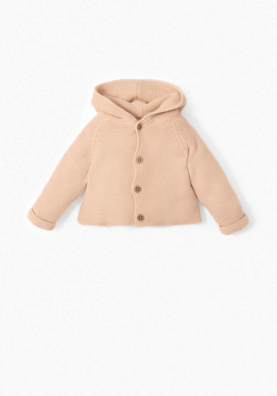 Knit Jacket With Hood & Button Closure - Cream