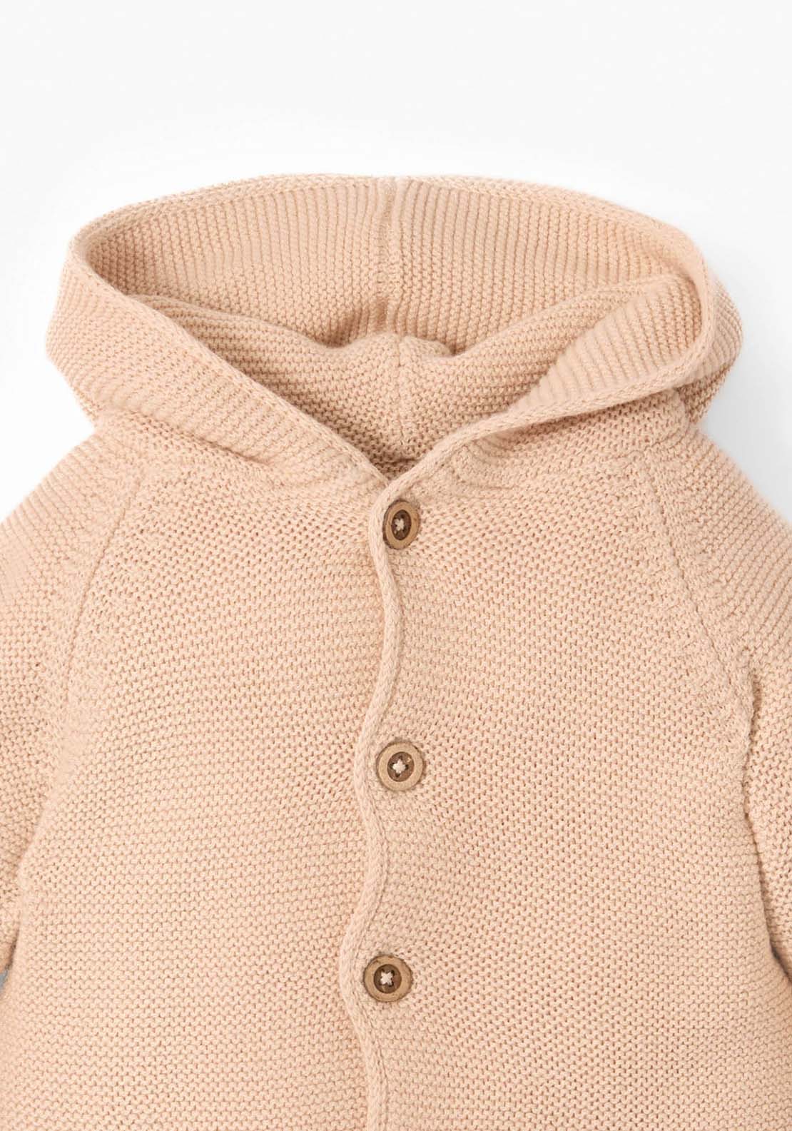 Knit Jacket With Hood & Button Closure - Cream
