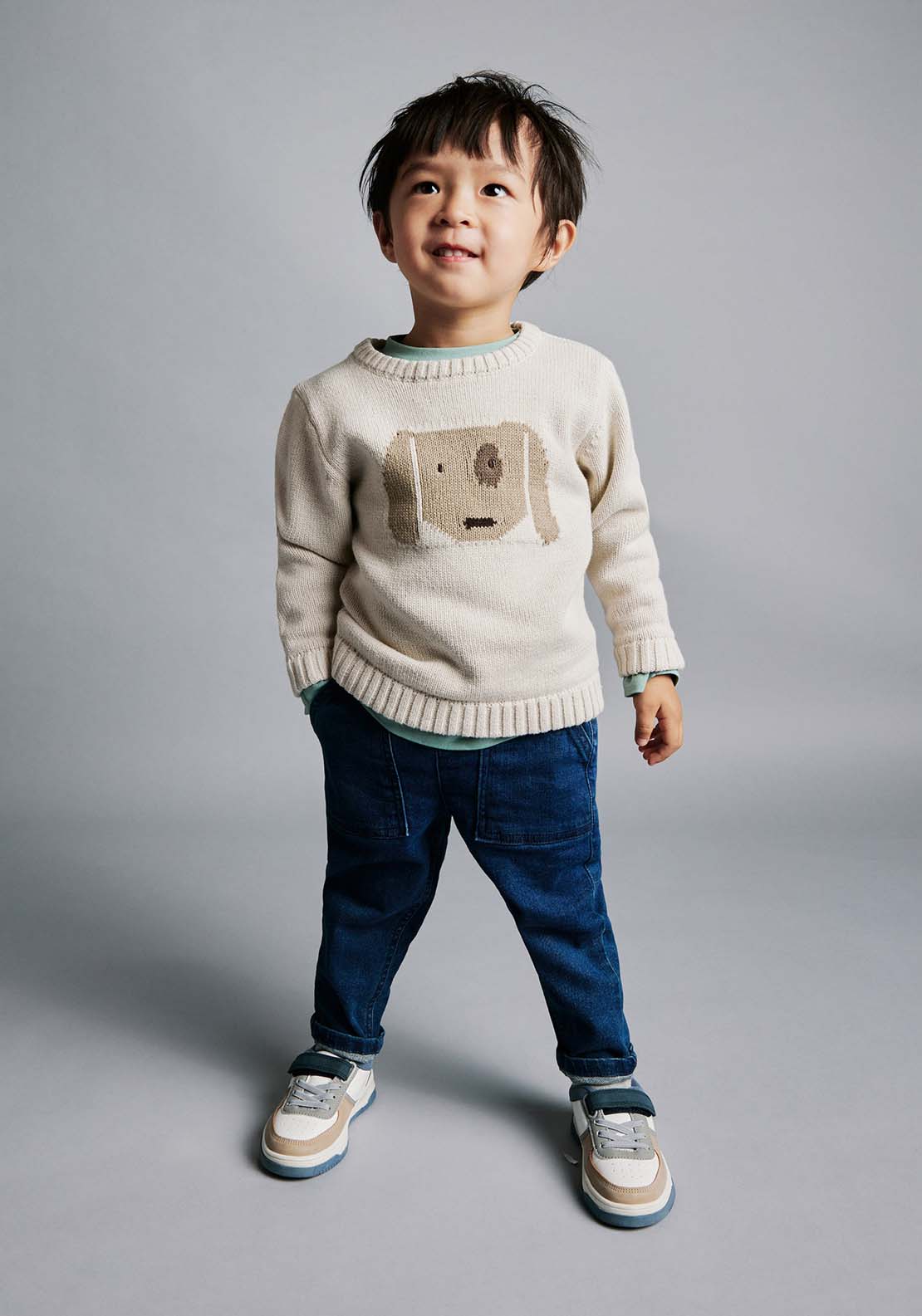 Sfera Long Sleeve Puppy Jumper - White 1 Shaws Department Stores