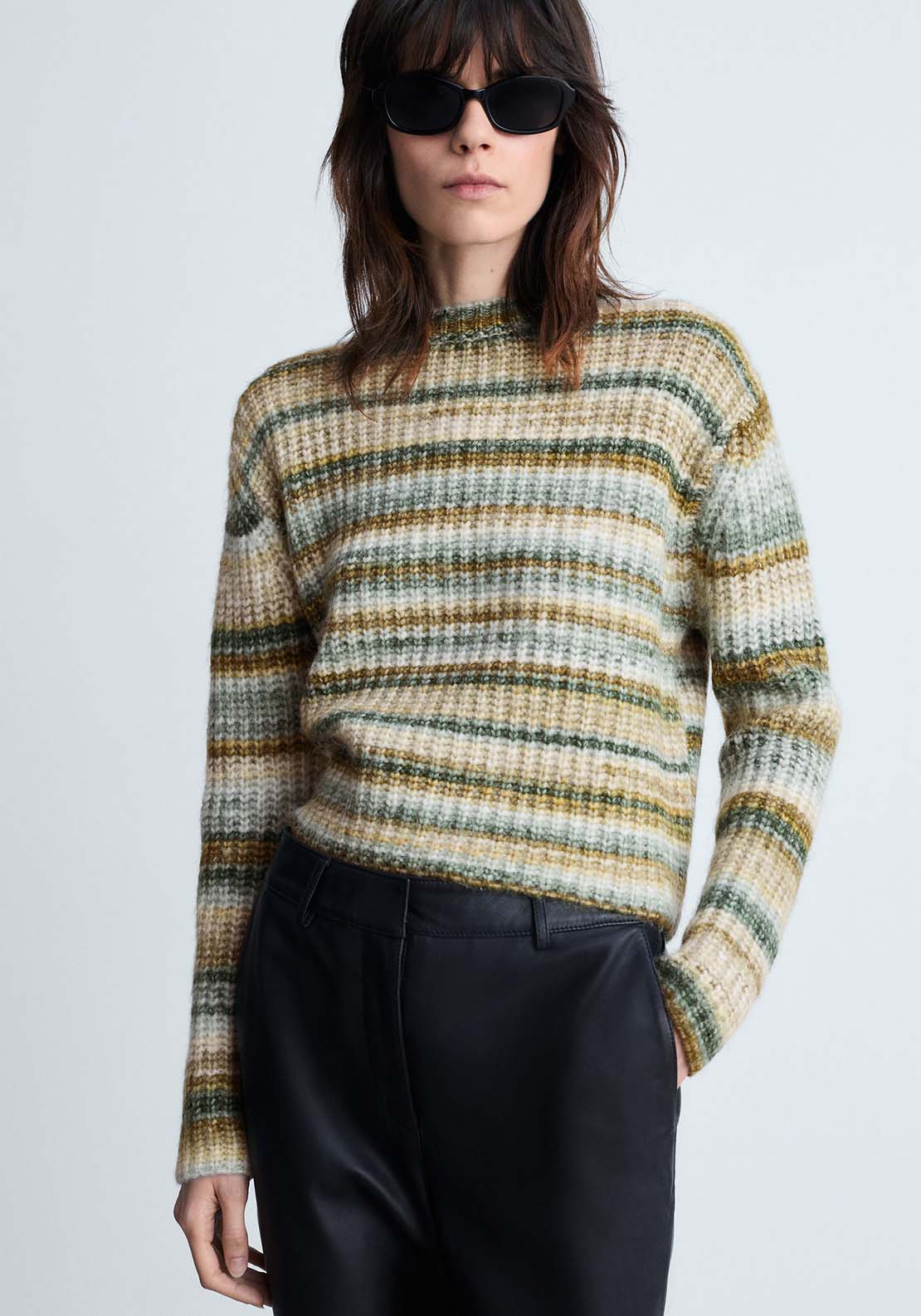 Mist Green Solid Color Round Neck Textured Short Sleeve Sweater main image 1
