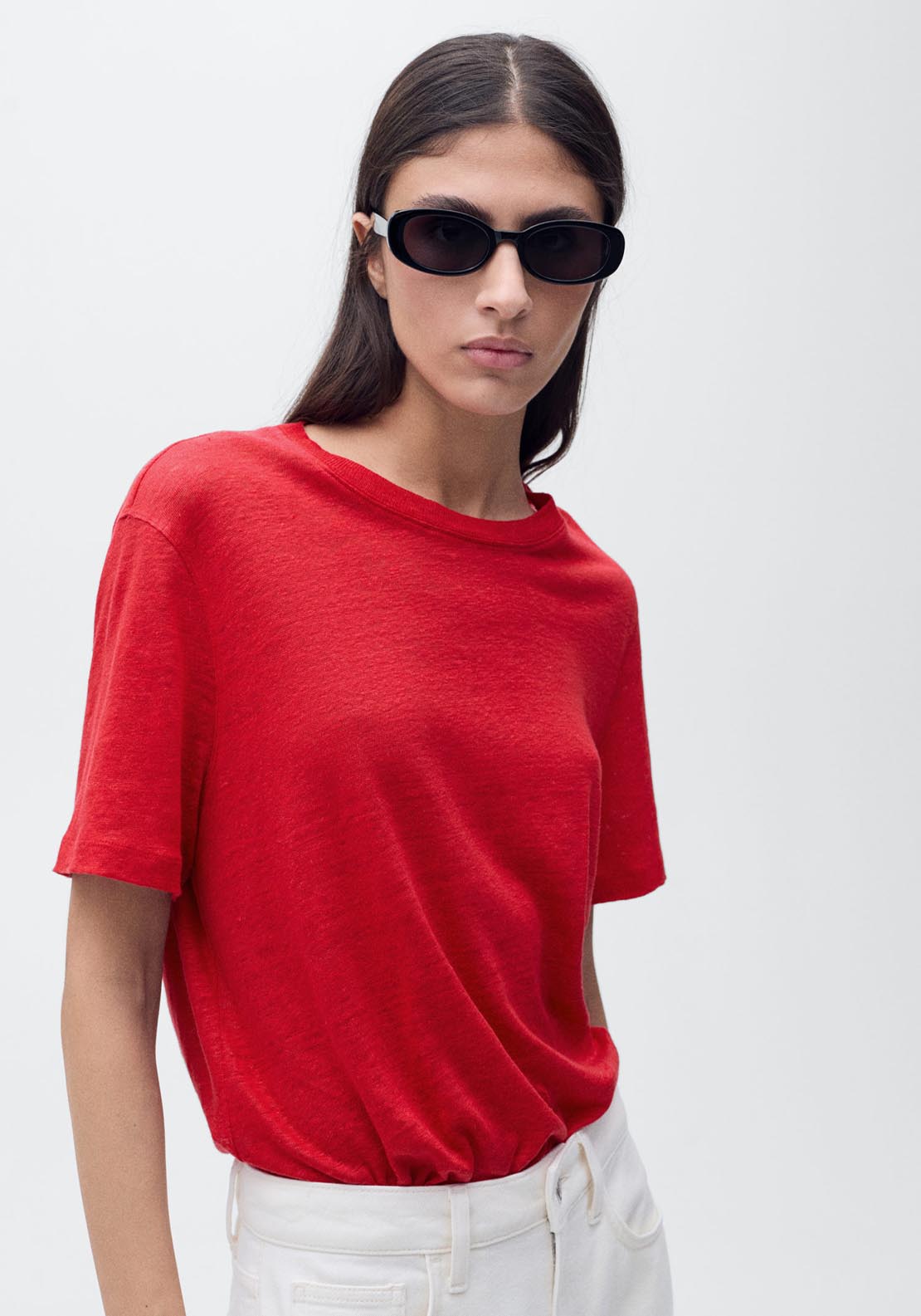 Mango Short Sleeve Linen T-Shirt - Red 1 Shaws Department Stores