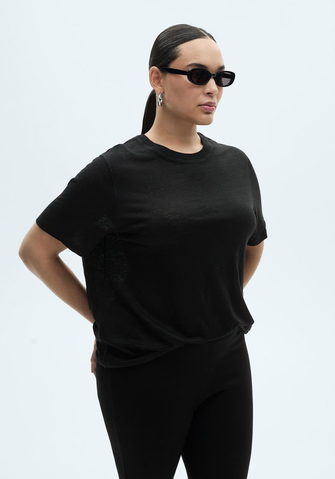 Mango Short Sleeve Linen T-Shirt - Black 6 Shaws Department Stores