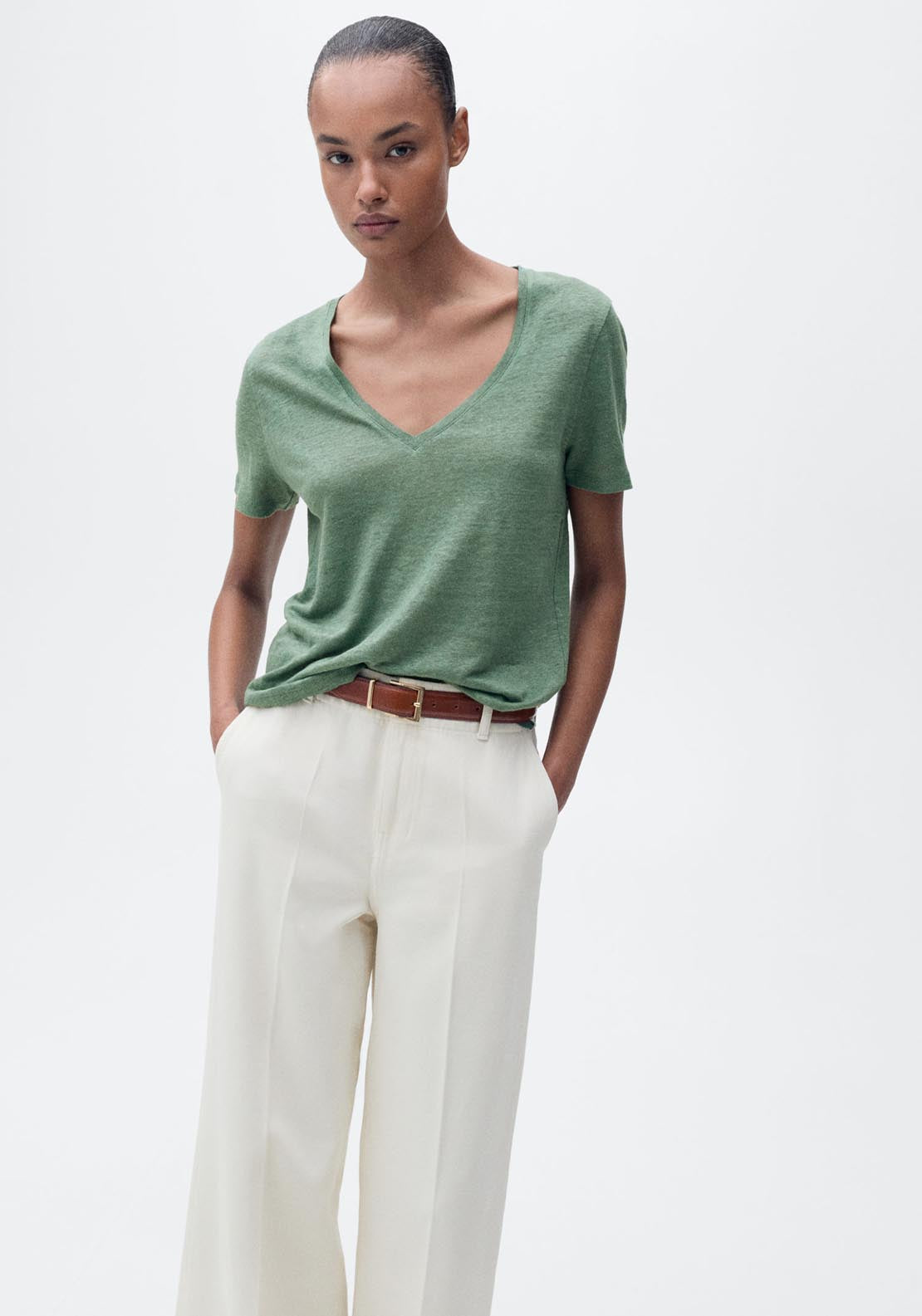Mango V Neck Linen T-Shirt - Green 1 Shaws Department Stores