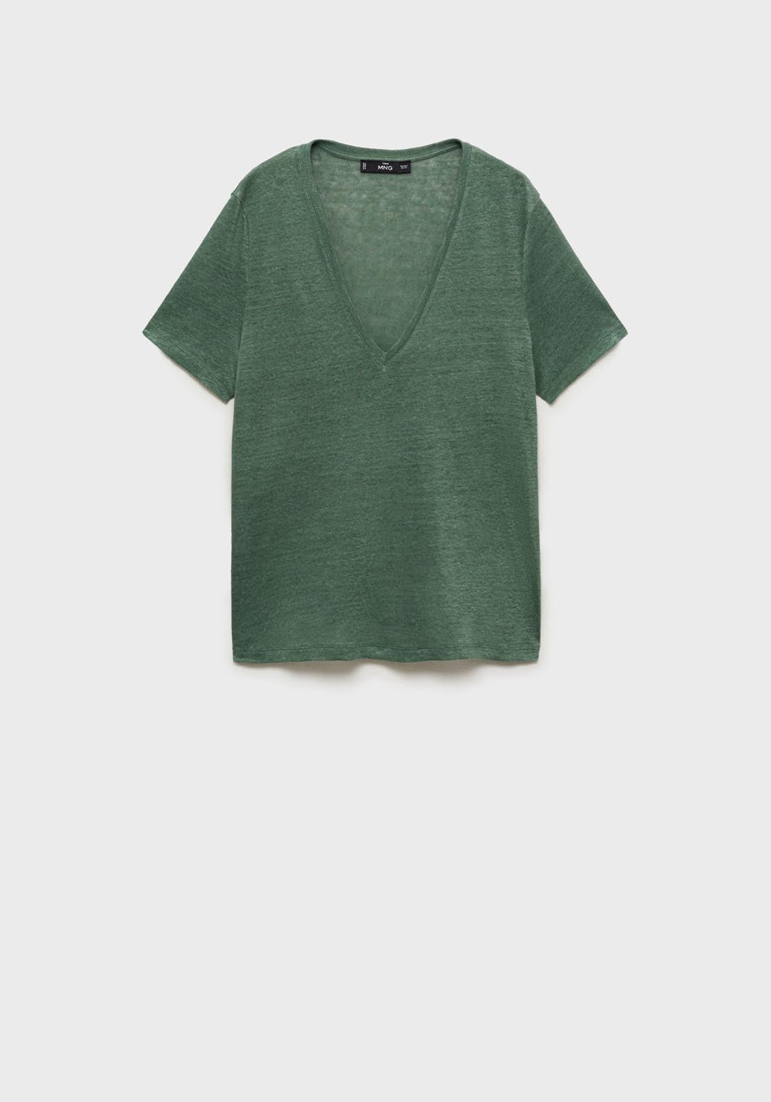 Mango V Neck Linen T-Shirt - Green 8 Shaws Department Stores