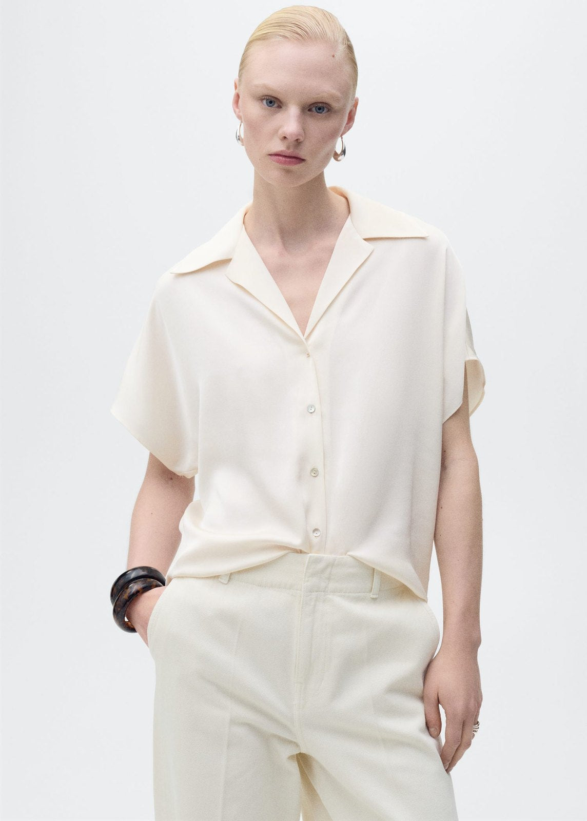 Mango Short-sleeved satin shirt - Beige 3 Shaws Department Stores