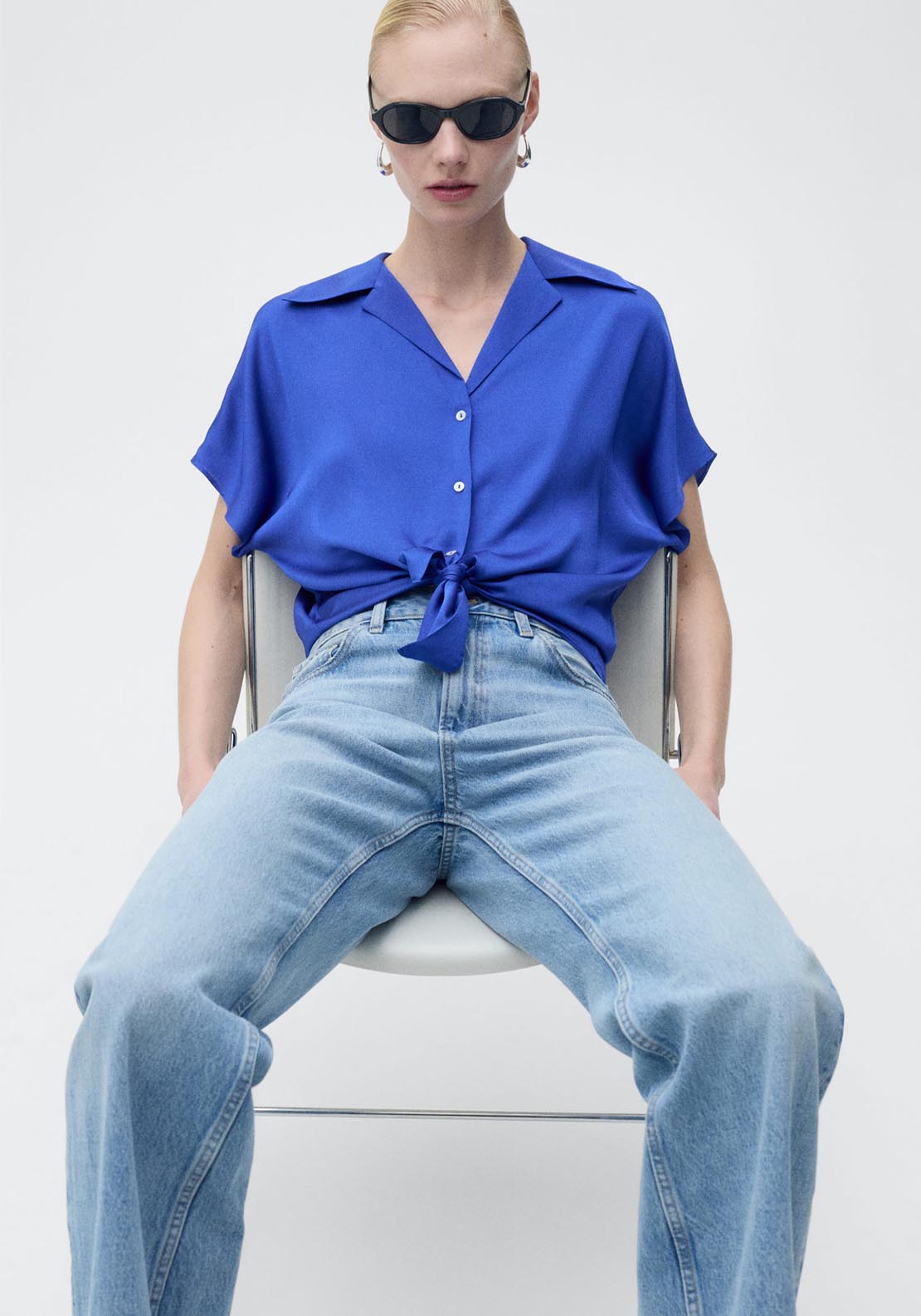 Mango Short Sleeve Satin Shirt - Dark Blue 3 Shaws Department Stores