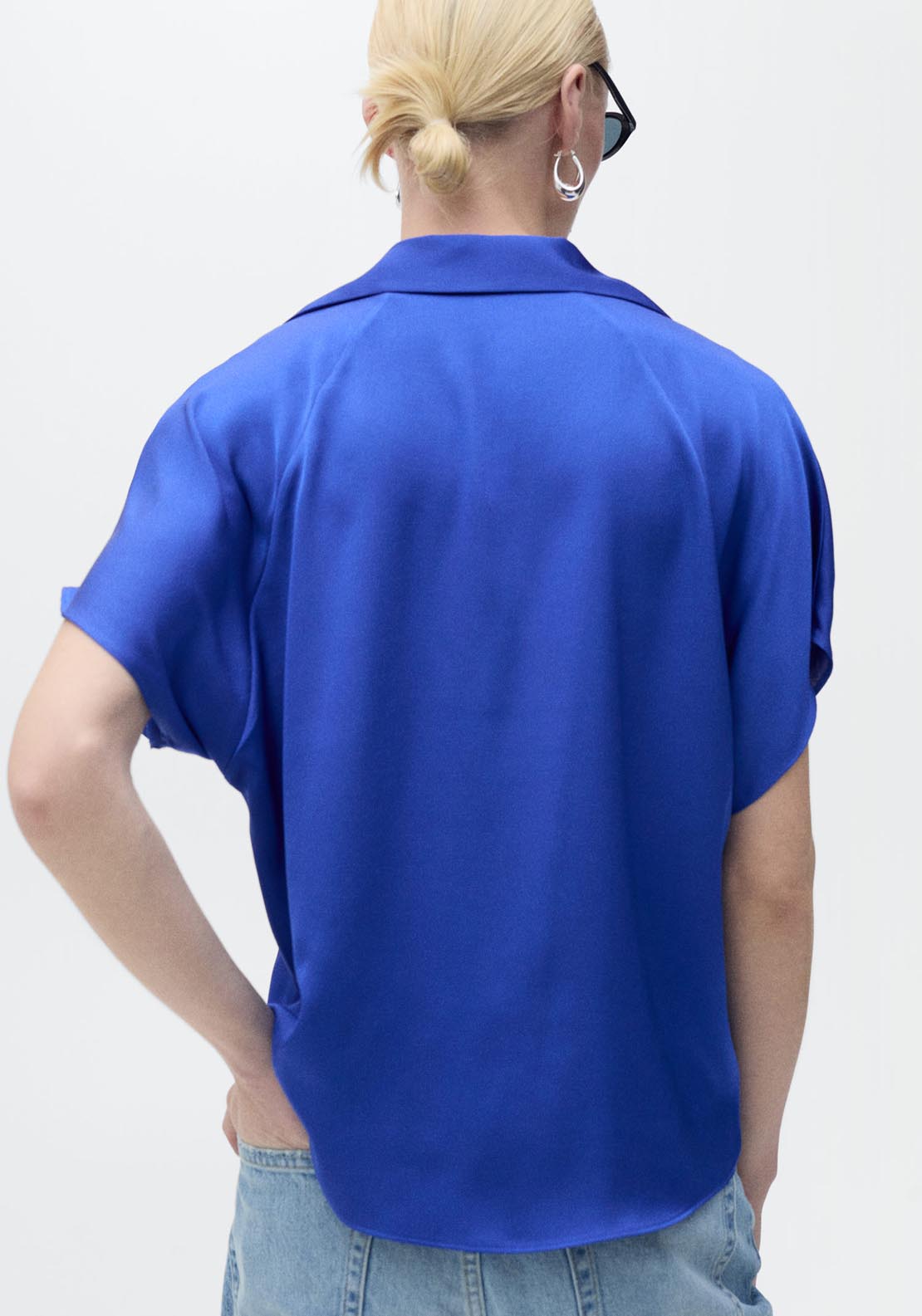 Mango Short Sleeve Satin Shirt - Dark Blue 6 Shaws Department Stores