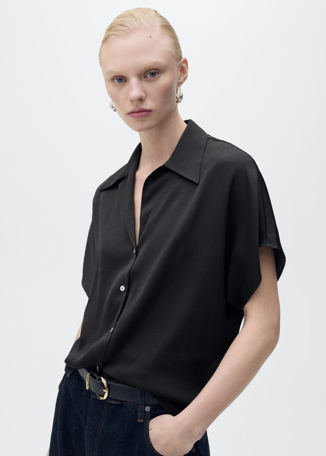 Mango Short-sleeved satin shirt - Black 1 Shaws Department Stores