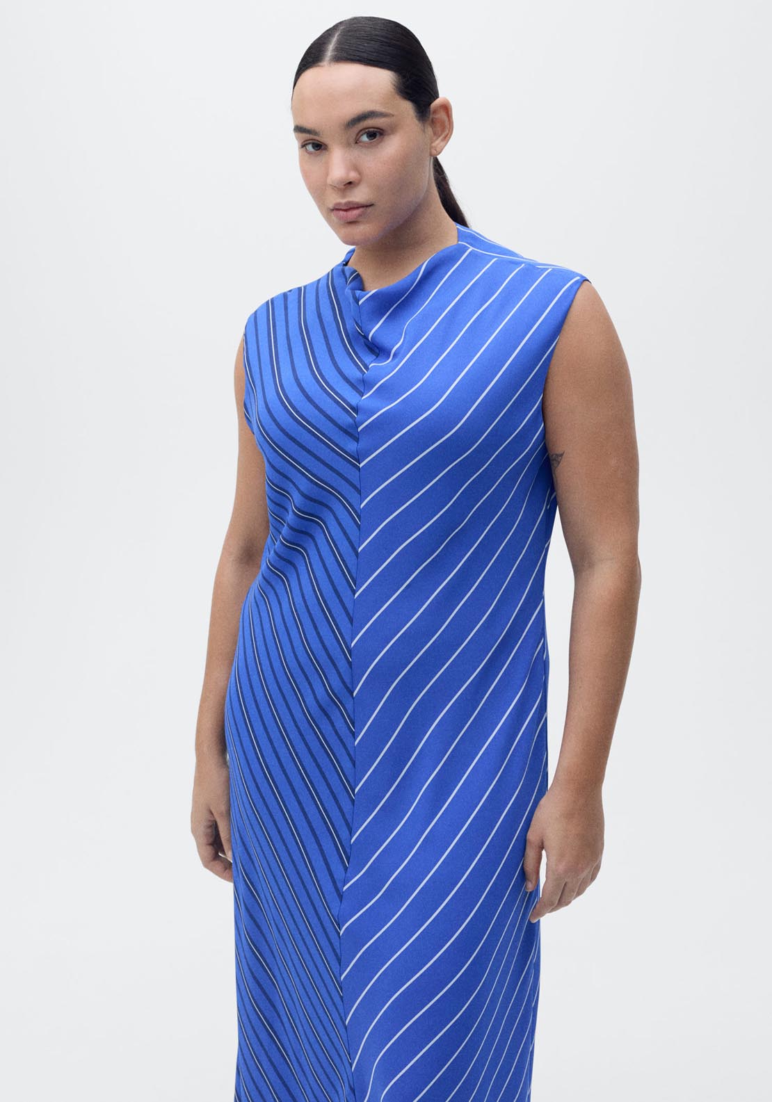 Mango Combined Striped Flared Dress - Medium Blue 6 Shaws Department Stores