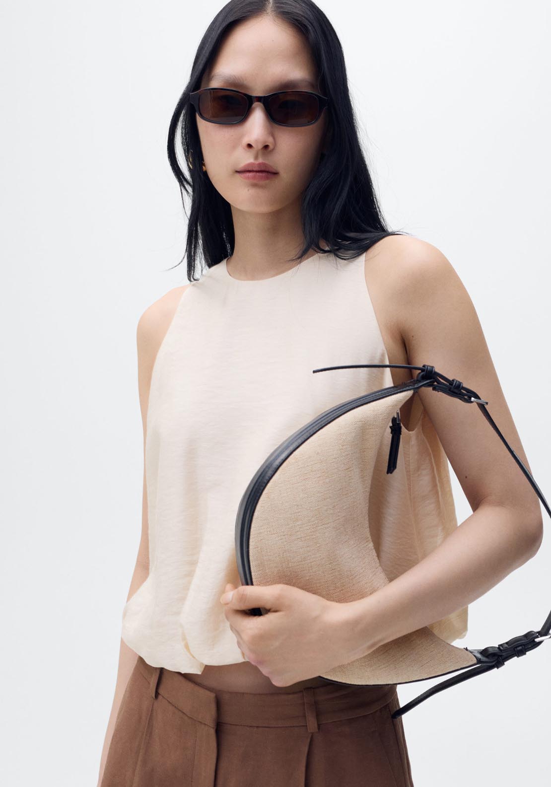 Mango Lyocell Blend Top With Puffed Hem - Light Beige 1 Shaws Department Stores