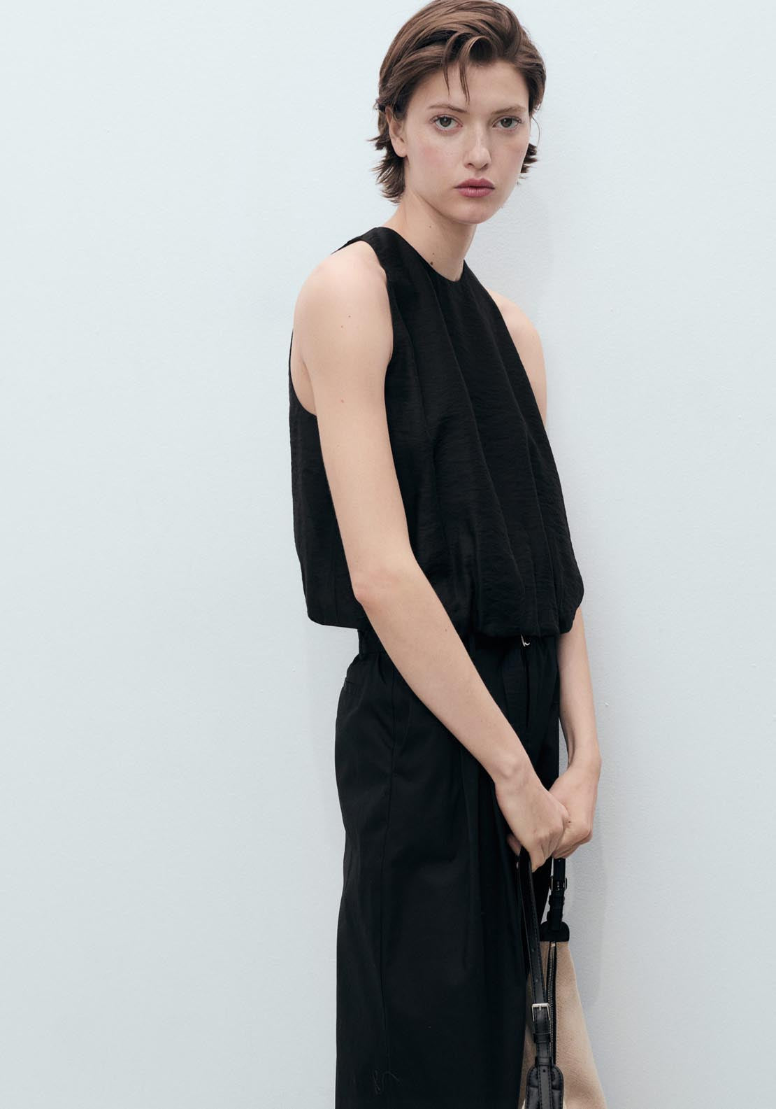 Mango Lyocell Blend Top With Puffed Hem - Black 3 Shaws Department Stores