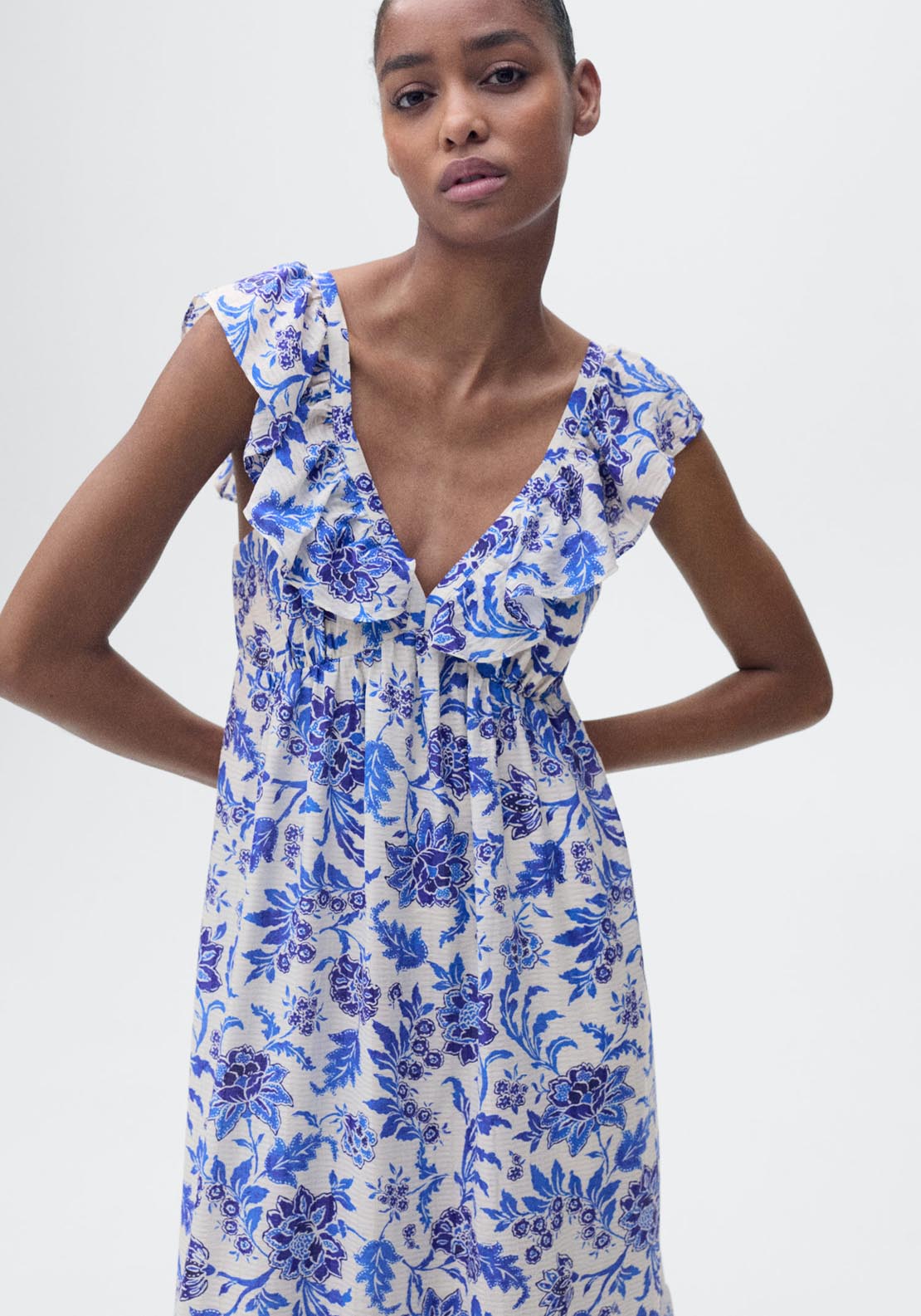 Mango Ruffled Floral Print Dress - Medium Blue 3 Shaws Department Stores