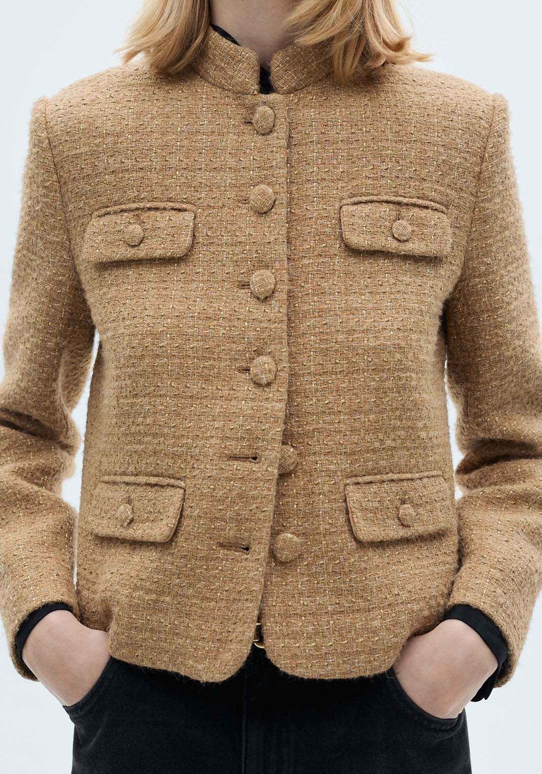 Mango Mandarin collar tweed jacket - Medium Brown 2 Shaws Department Stores