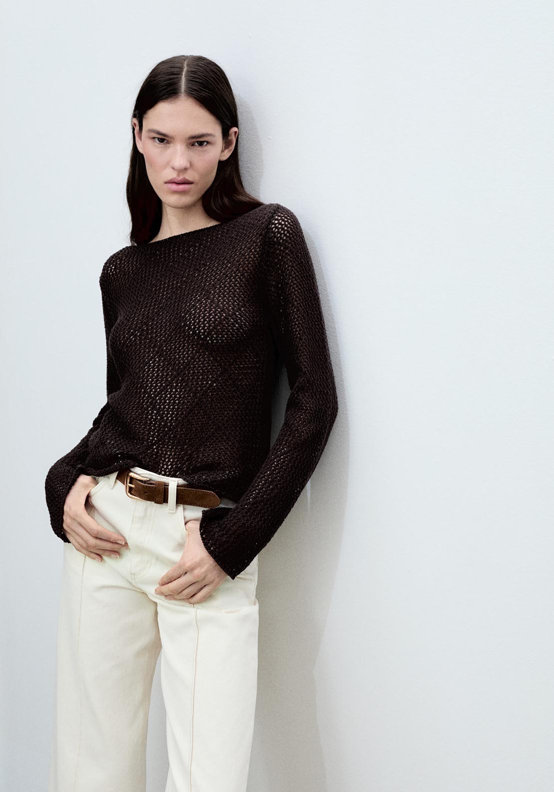 Mango Openwork knit cotton sweater - Dark Brown 1 Shaws Department Stores