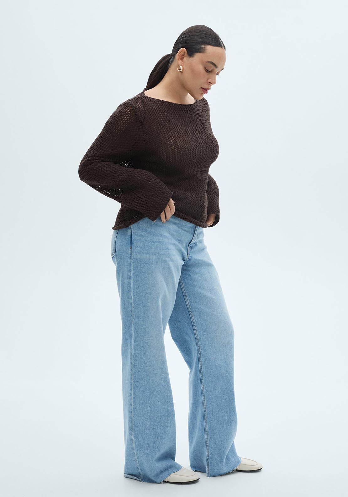 Mango Openwork knit cotton sweater - Dark Brown 4 Shaws Department Stores