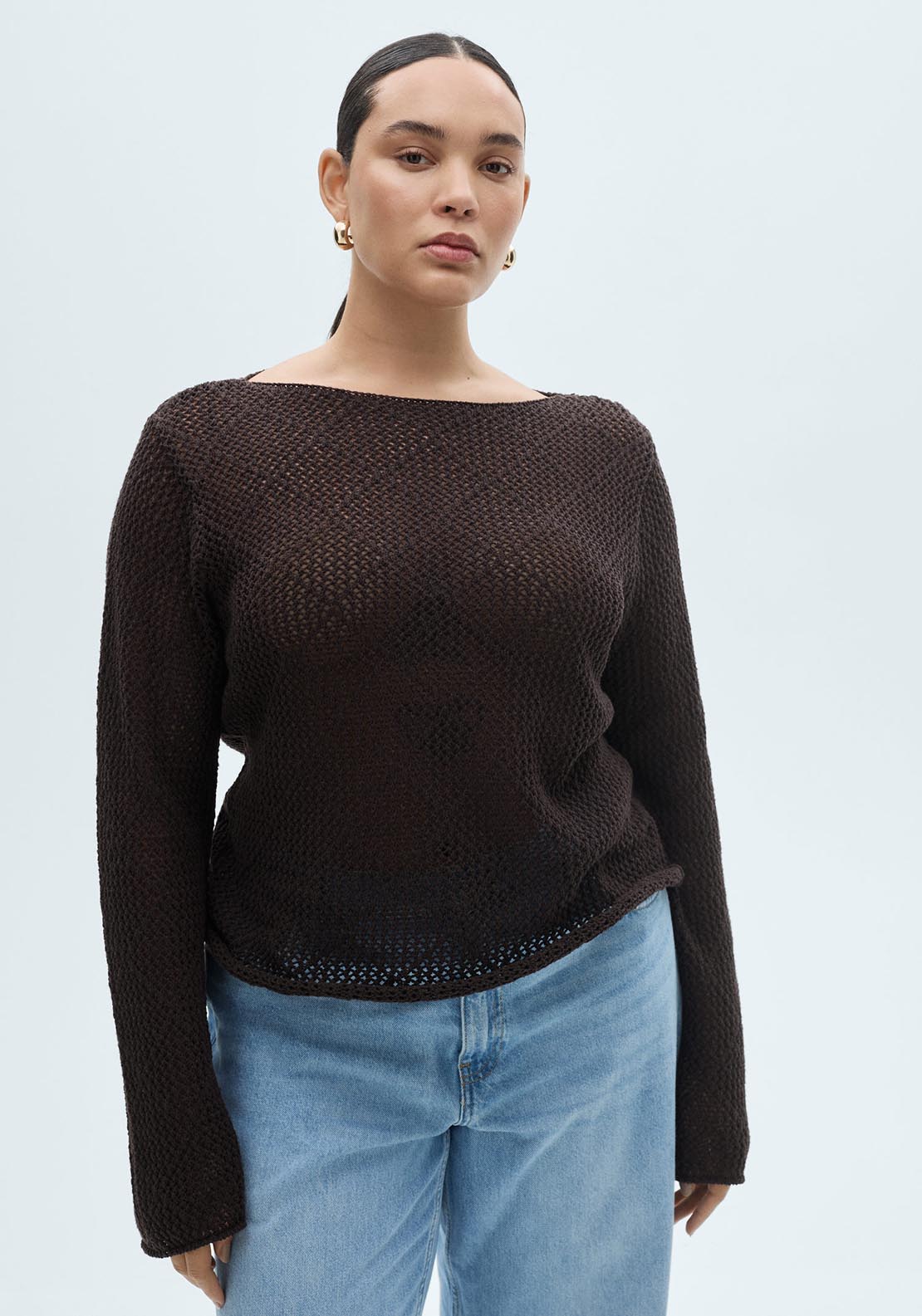 Mango Openwork knit cotton sweater - Dark Brown 6 Shaws Department Stores