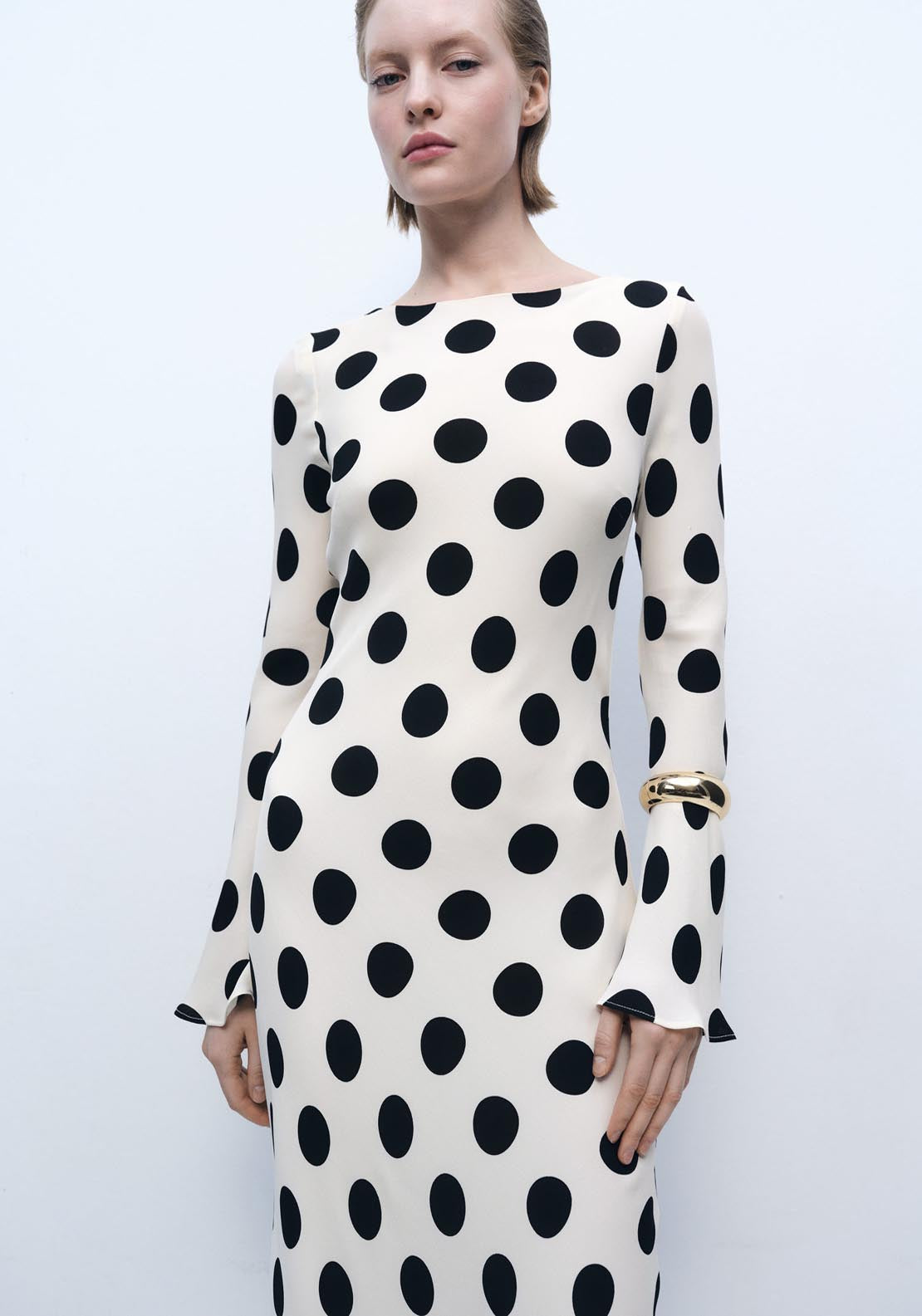 Mango Flared Sleeve Polka-Dot Dress - Light Beige 3 Shaws Department Stores