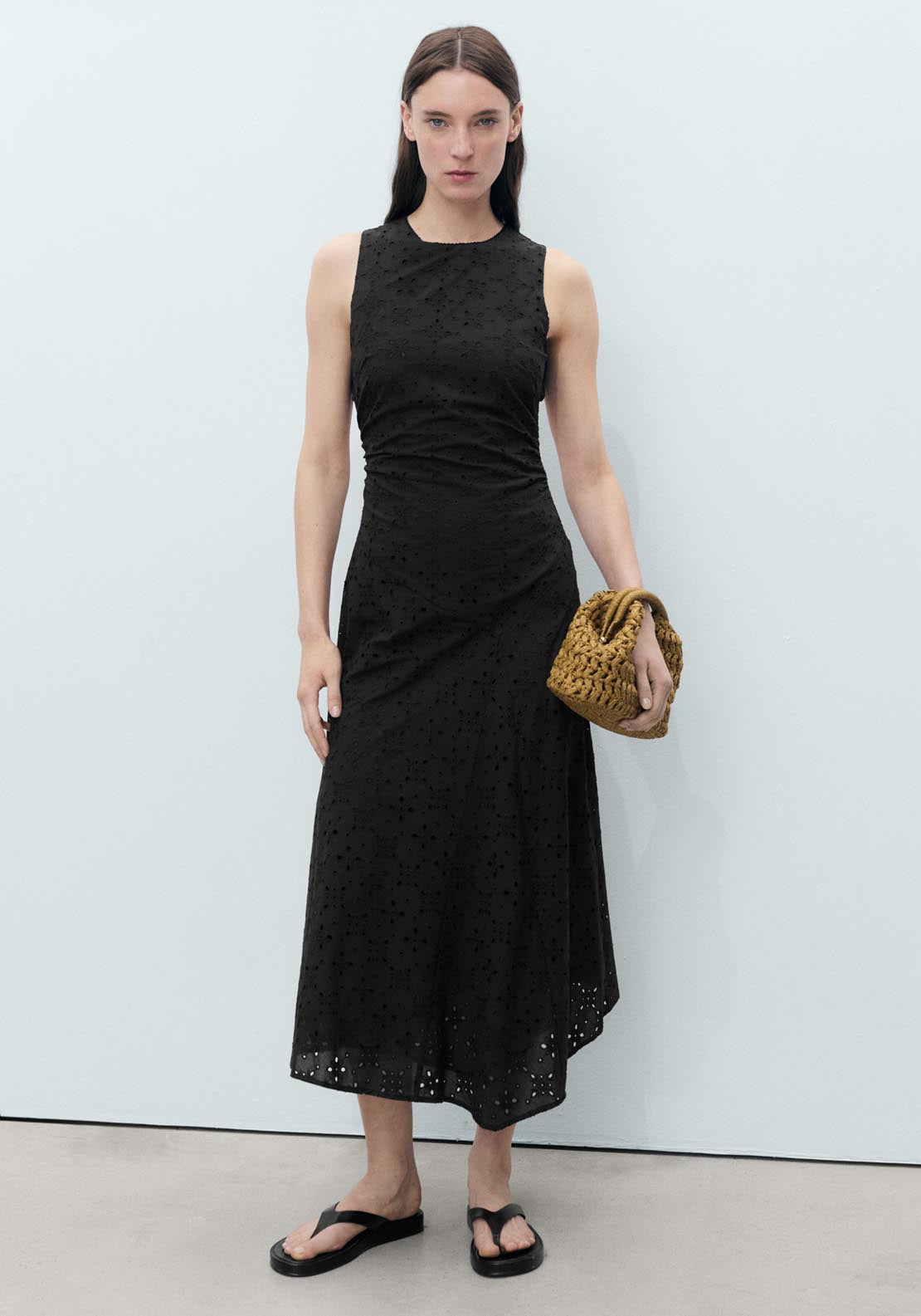Midi Dress With Openwork Embroidery Motifs - Black Midi Dress With Openwork Embroidery Motifs - Black