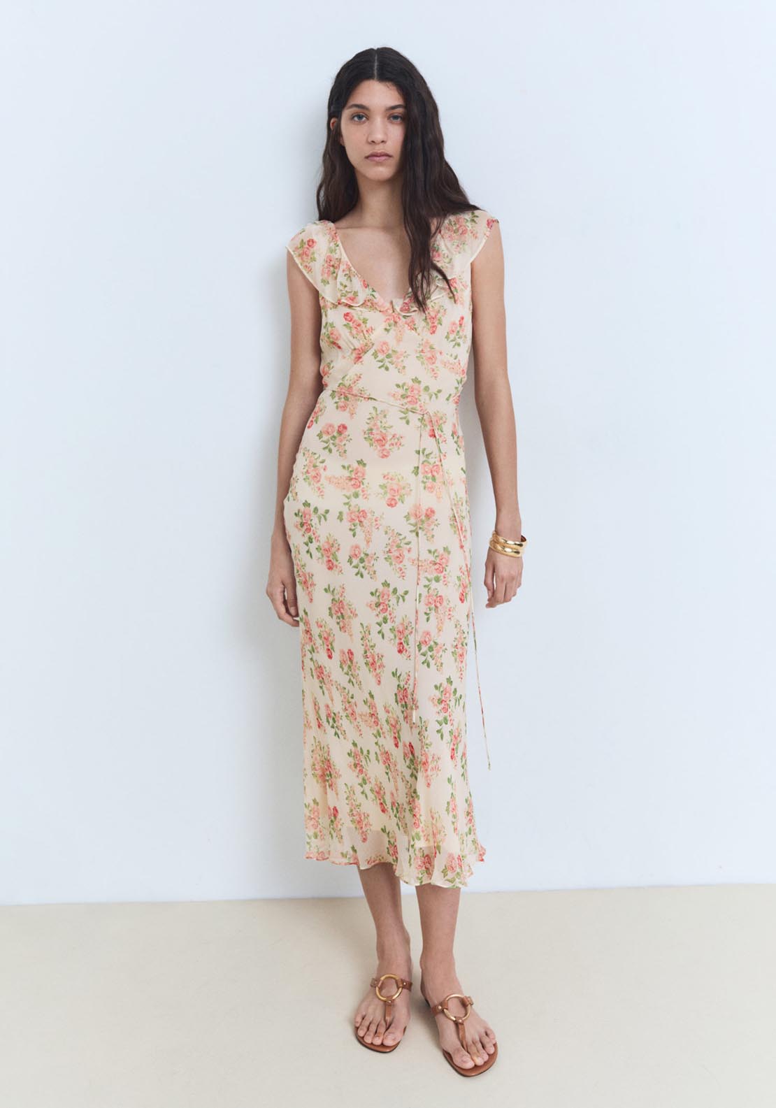 Mango Floral Midi Dress With Bow - Light Beige 1 Shaws Department Stores