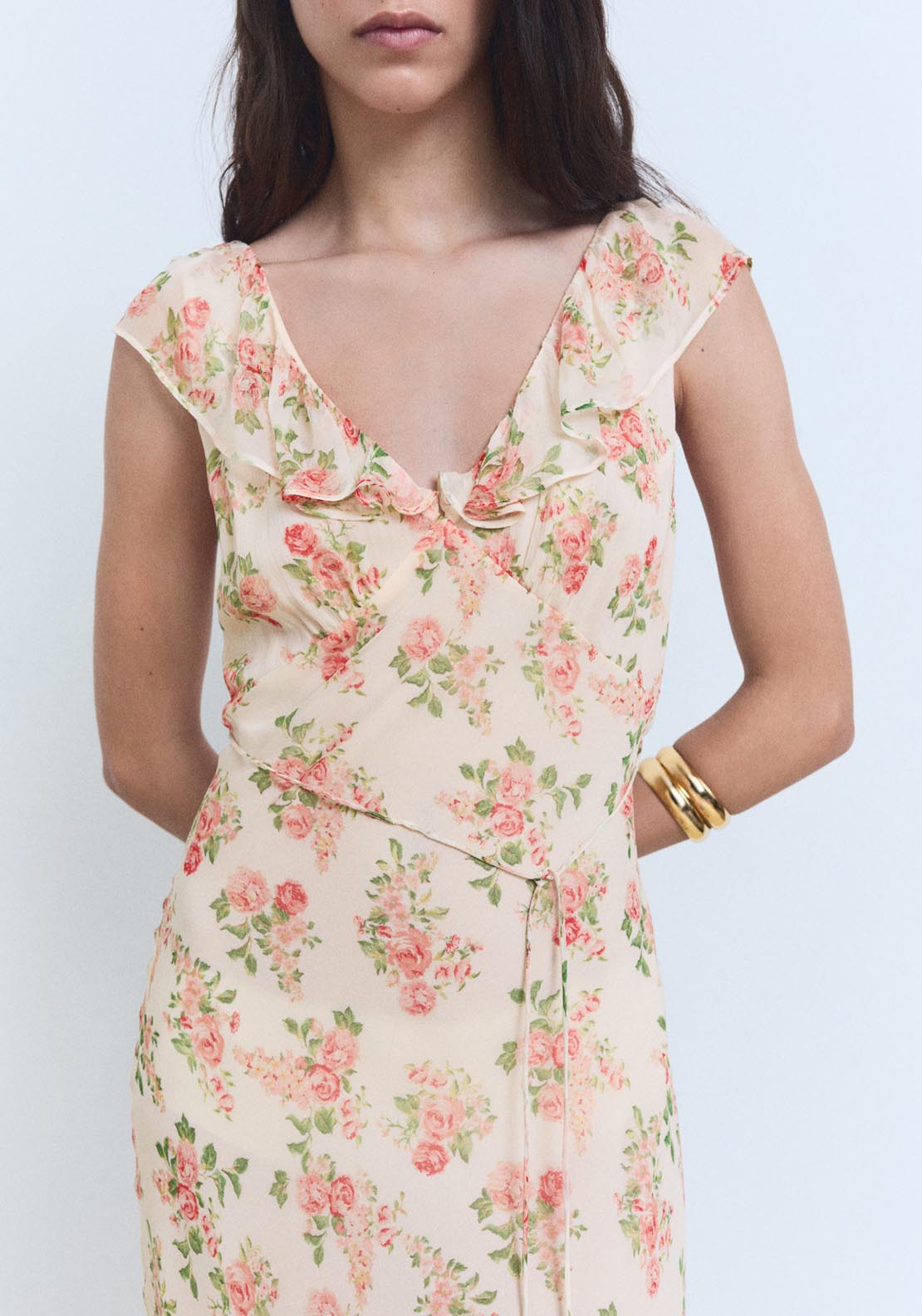 Mango Floral Midi Dress With Bow - Light Beige 3 Shaws Department Stores