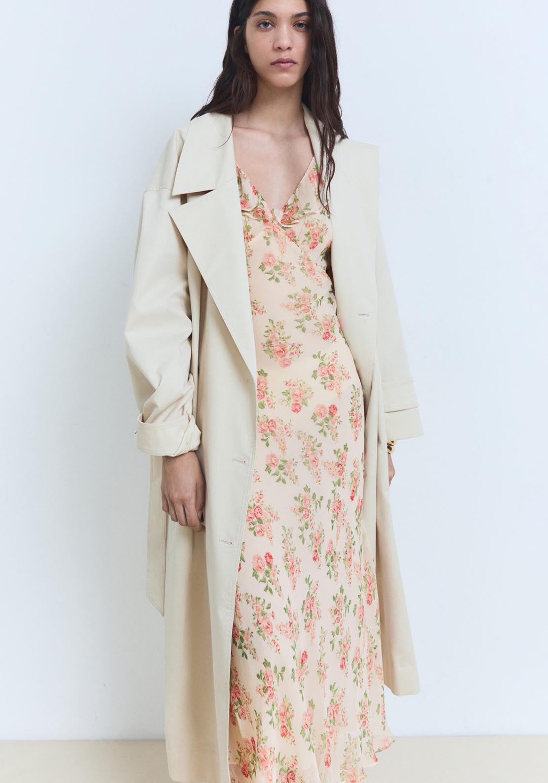 Mango Floral Midi Dress With Bow - Light Beige 5 Shaws Department Stores