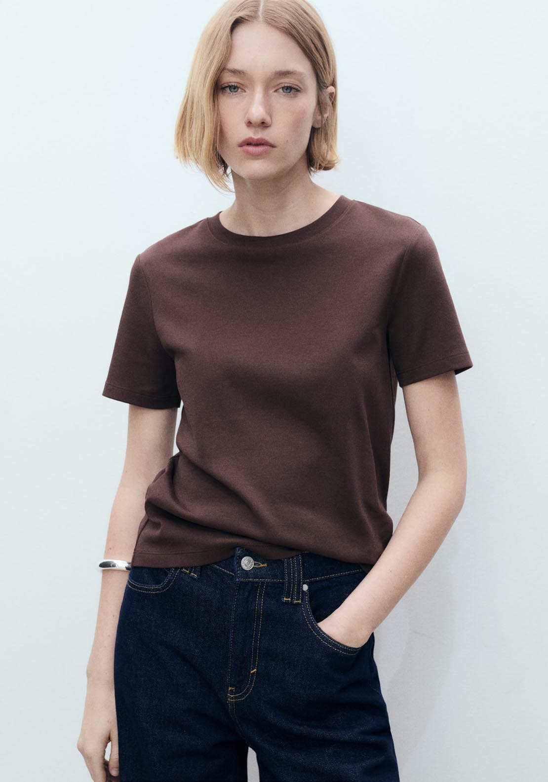 Mango Short Sleeve T-Shirt - Dark Brown 1 Shaws Department Stores
