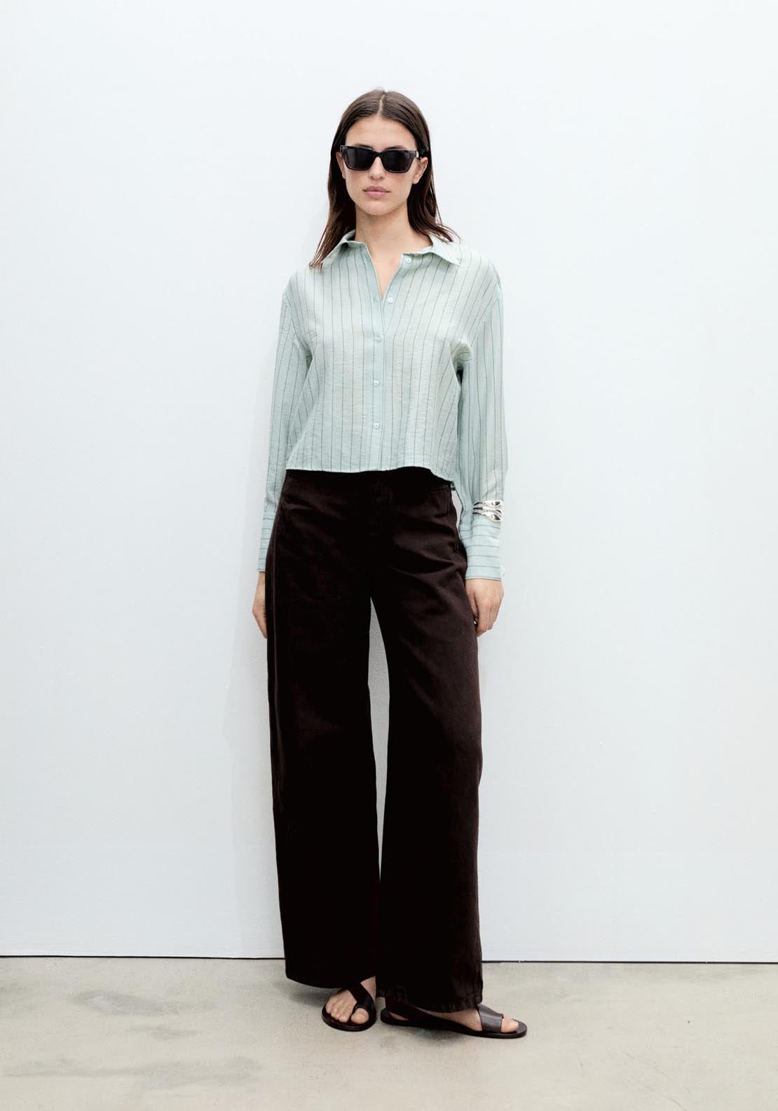 Mango Striped Cropped Shirt - Green 2 Shaws Department Stores