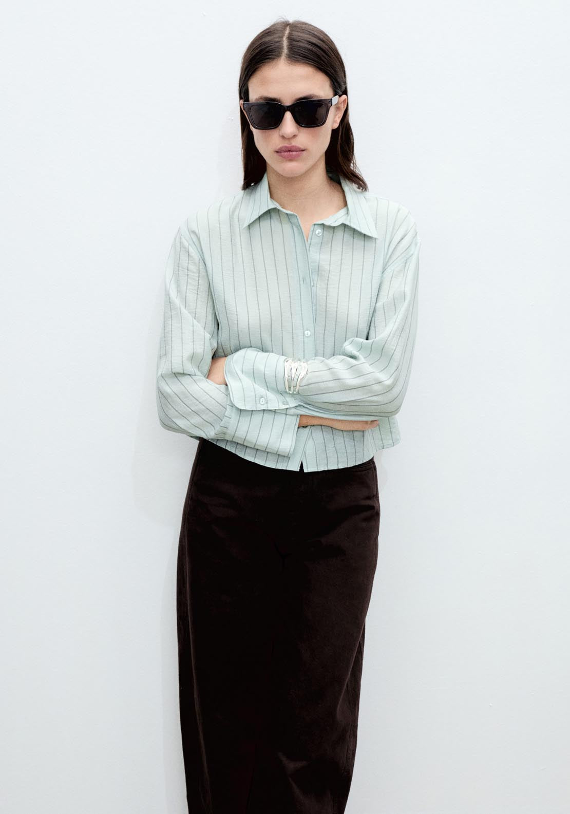 Mango Striped Cropped Shirt - Green 1 Shaws Department Stores