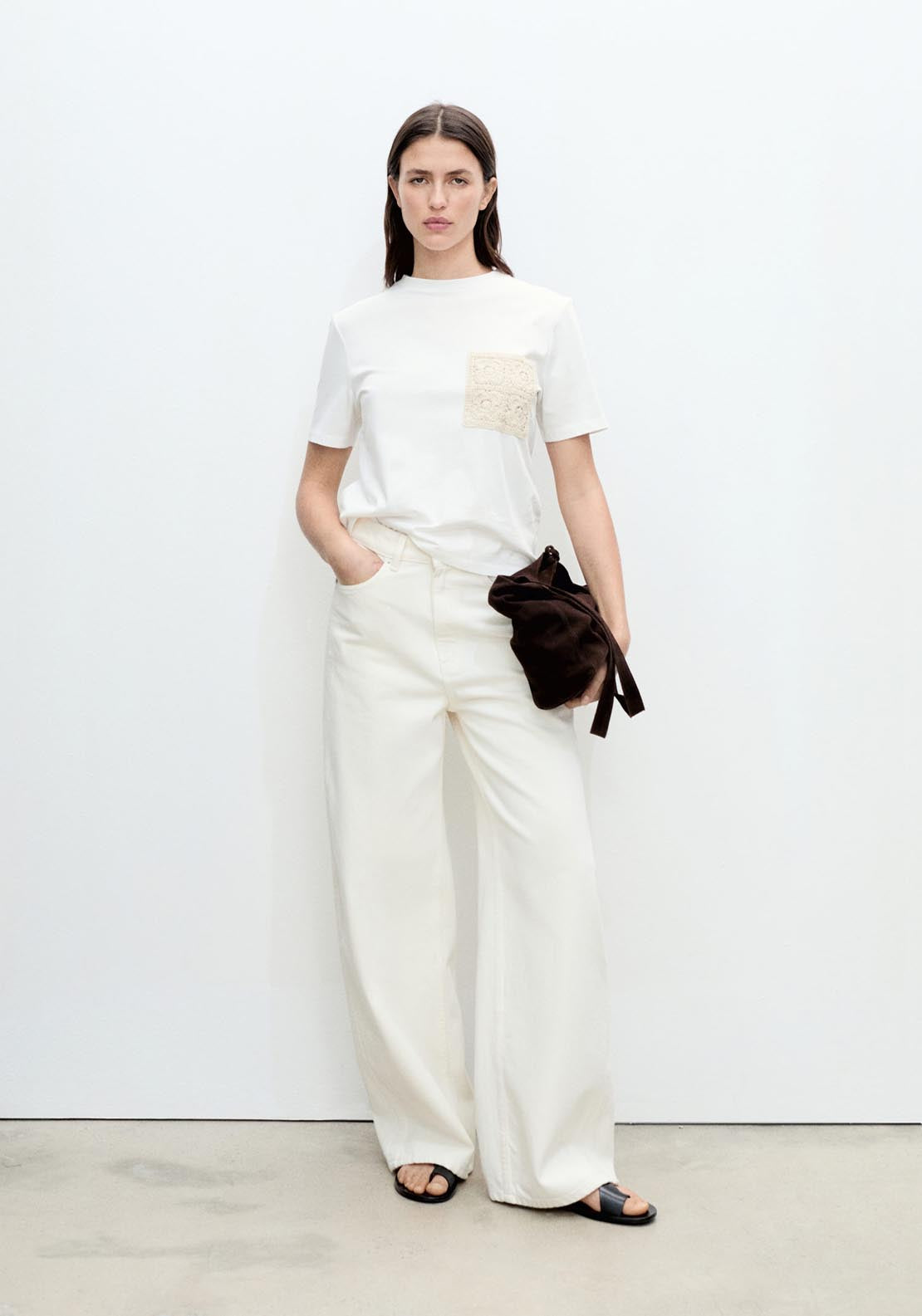 Mango Short Sleeve T-Shirt With Crochet Pocket - White 4 Shaws Department Stores