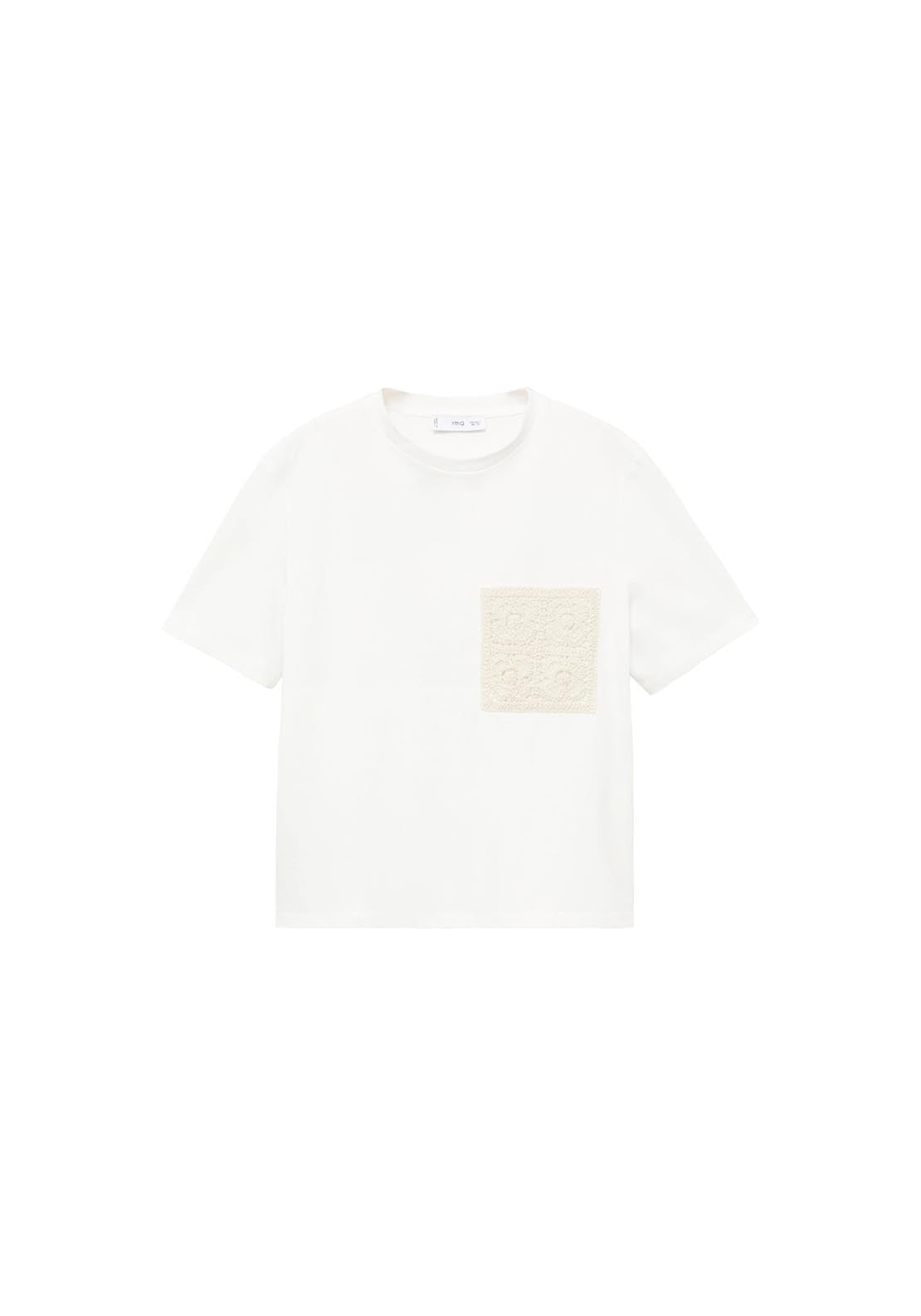 Mango Short Sleeve T-Shirt With Crochet Pocket - White 6 Shaws Department Stores