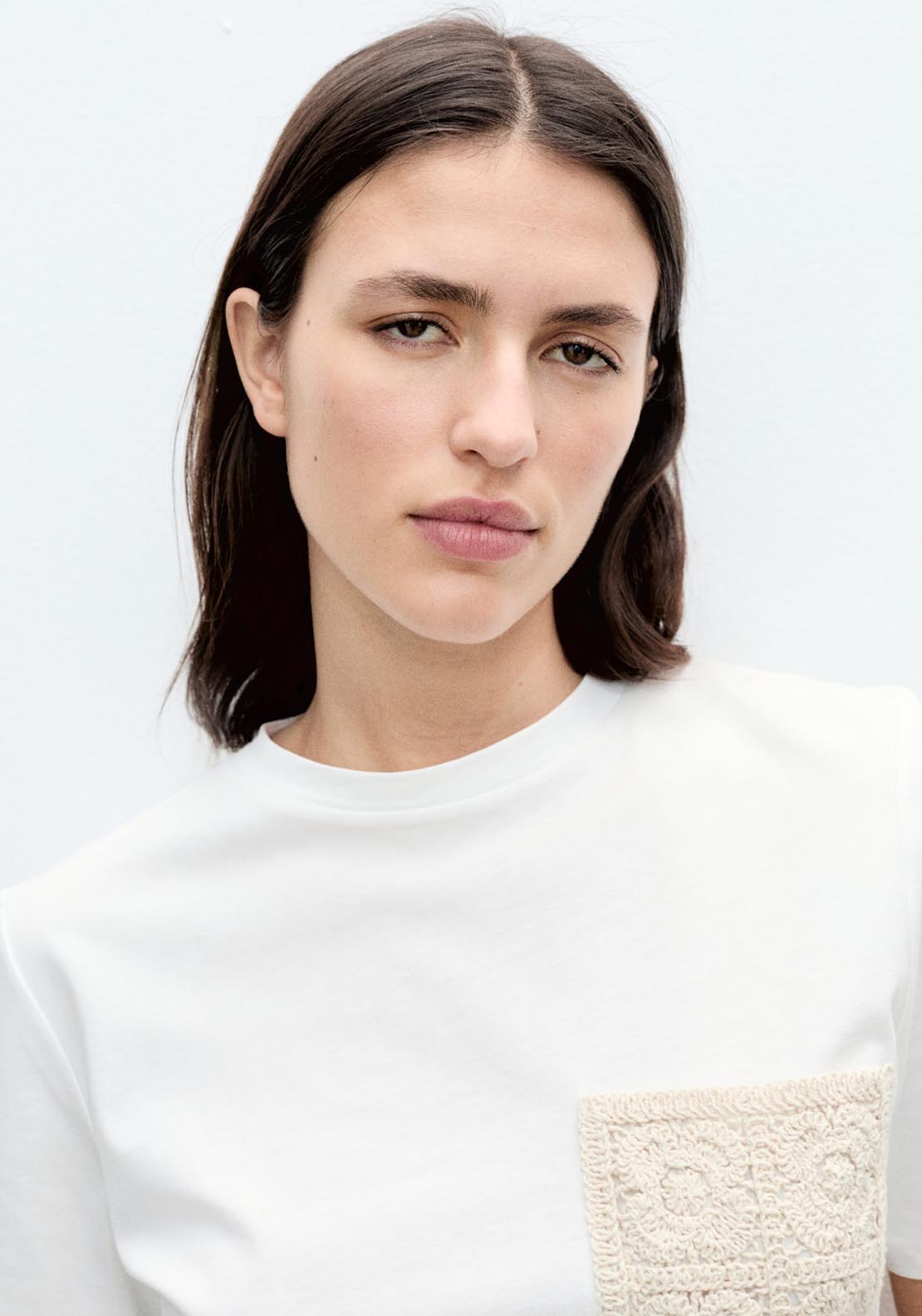 Mango Short Sleeve T-Shirt With Crochet Pocket - White 3 Shaws Department Stores