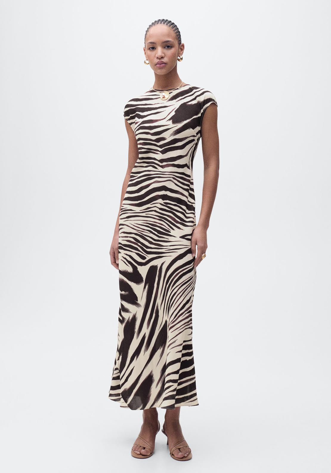 Mango Zebra Print Midi Dress - Light Beige 1 Shaws Department Stores