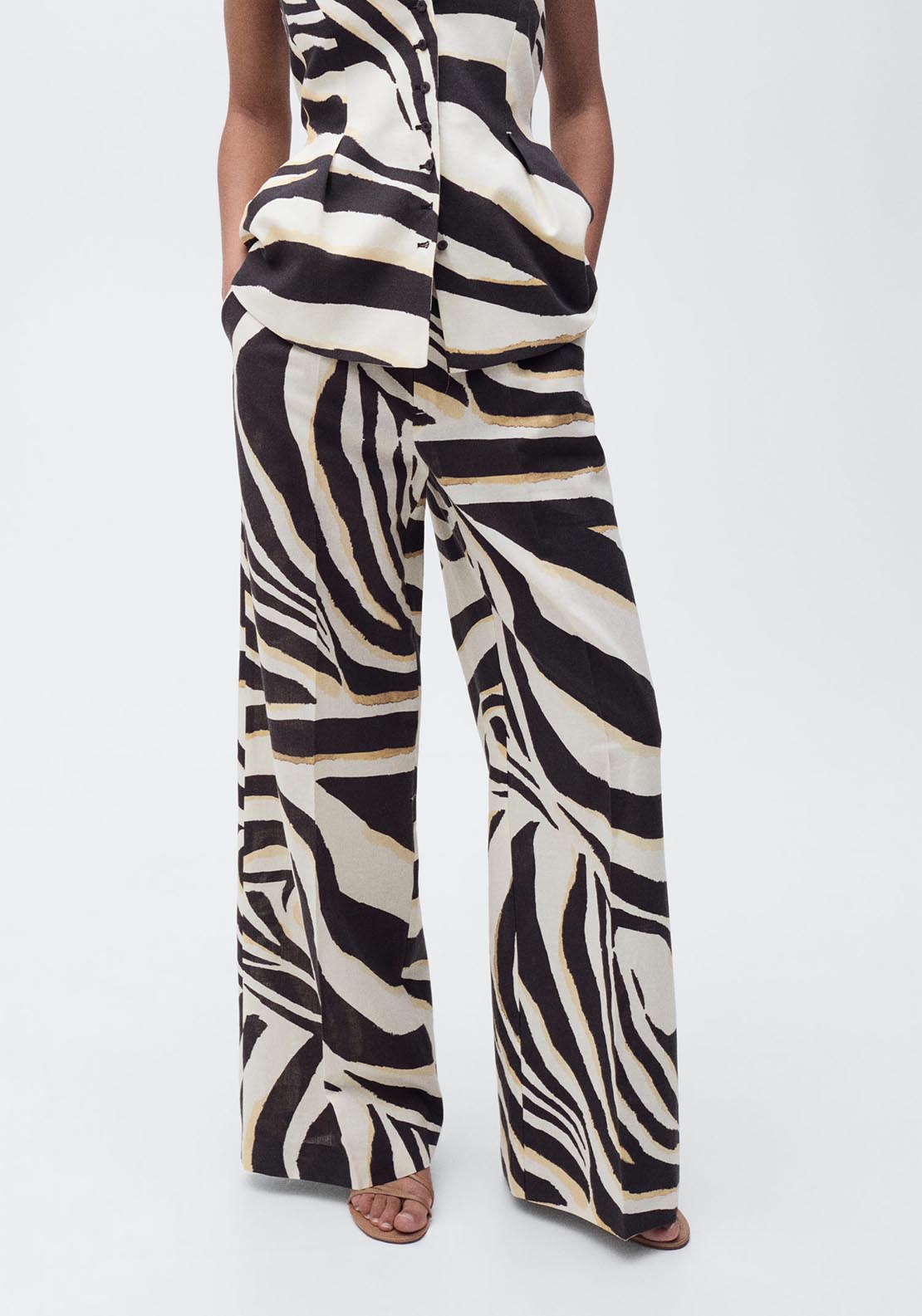 Mango Zebra pleated wide leg trousers - Light Beige 4 Shaws Department Stores