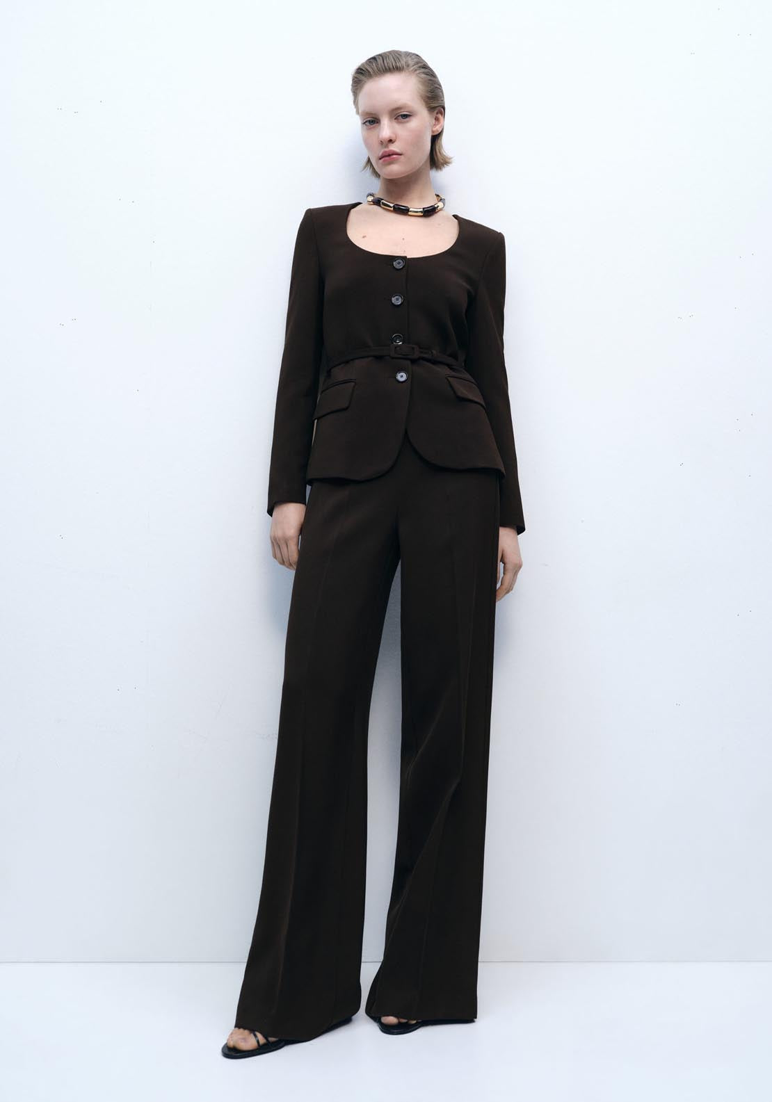 Mango Suit Jacket With Belt - Dark Brown 3 Shaws Department Stores