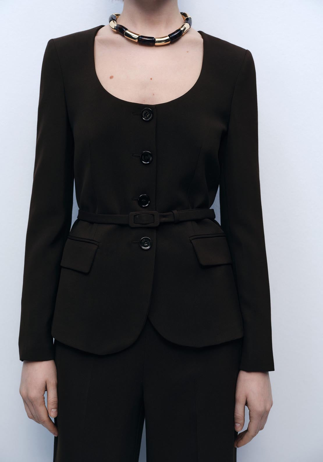 Mango Suit Jacket With Belt - Dark Brown 1 Shaws Department Stores