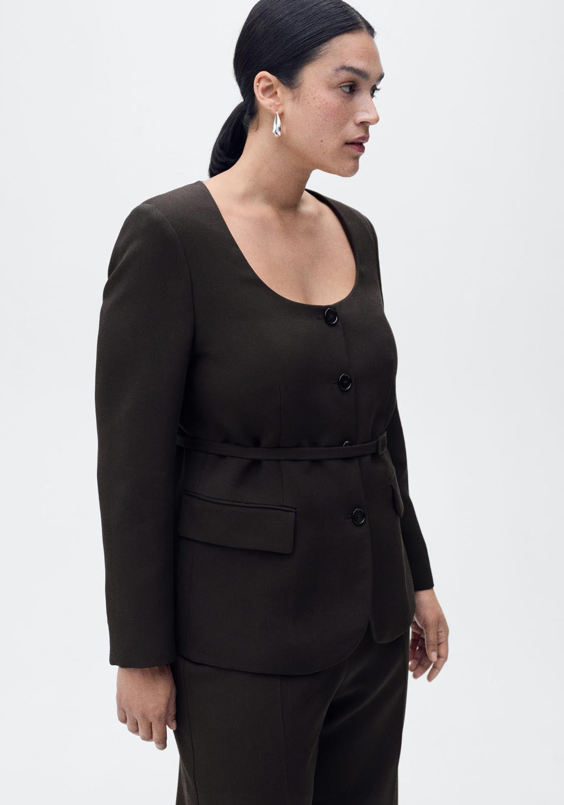 Mango Suit Jacket With Belt - Dark Brown 5 Shaws Department Stores